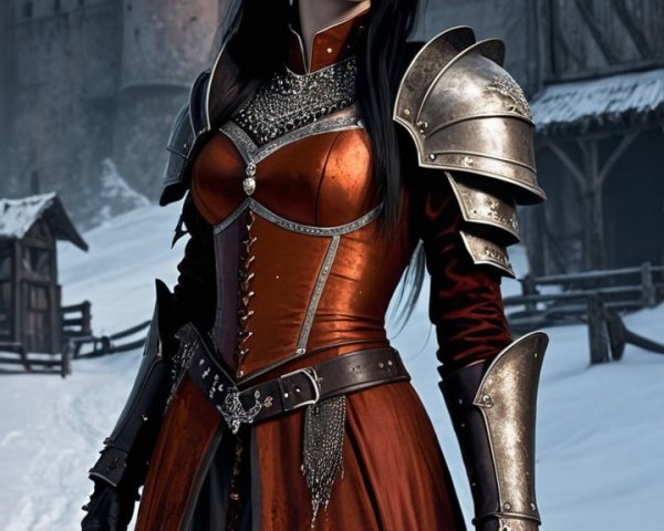 Fierce Warrior in Red Gown Before Medieval Castle