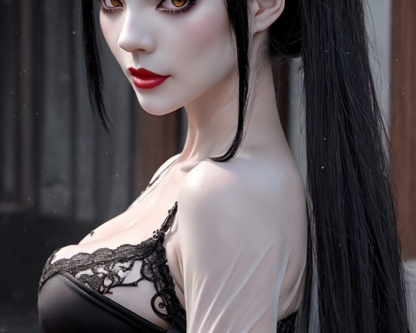 Elegant figure with black hair and striking features