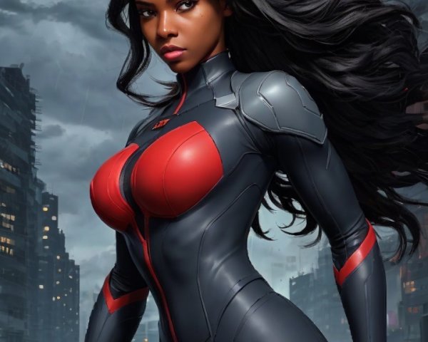 Powerful Female Superhero in Dramatic Cityscape