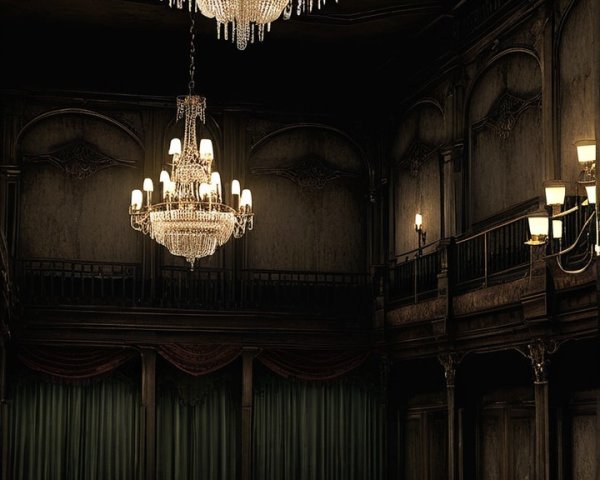 Grand Dimly Lit Room with Opulent Chandeliers