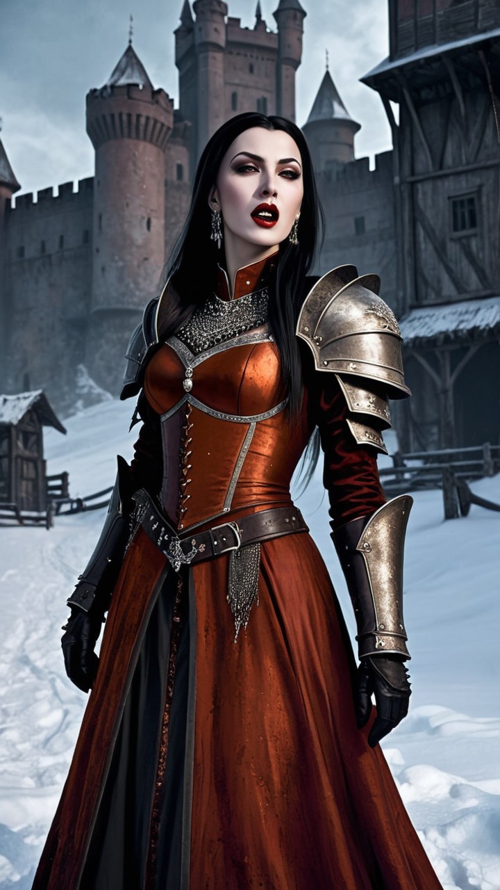 Fierce Warrior in Red Gown Before Medieval Castle