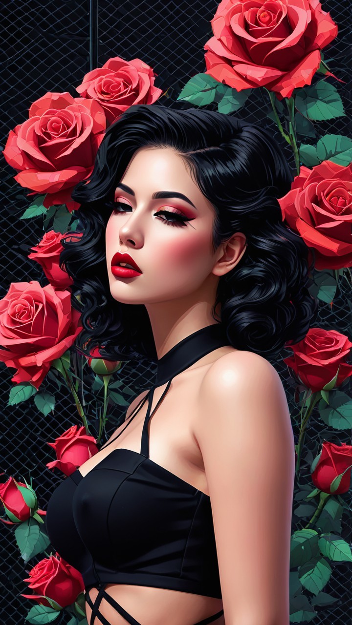 Striking Woman with Glamorous Makeup and Roses