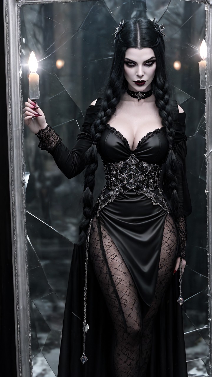 Gothic Figure in Black Gown with Candle and Mirror