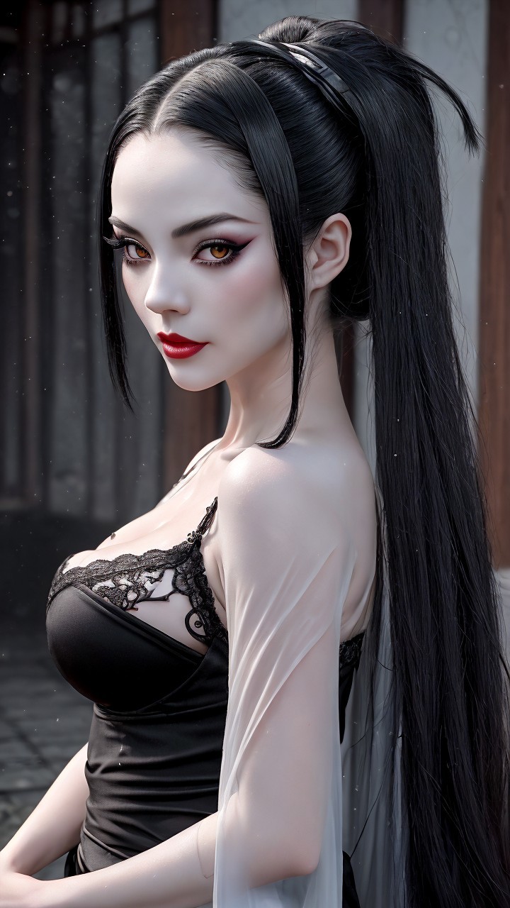 Elegant figure with black hair and striking features