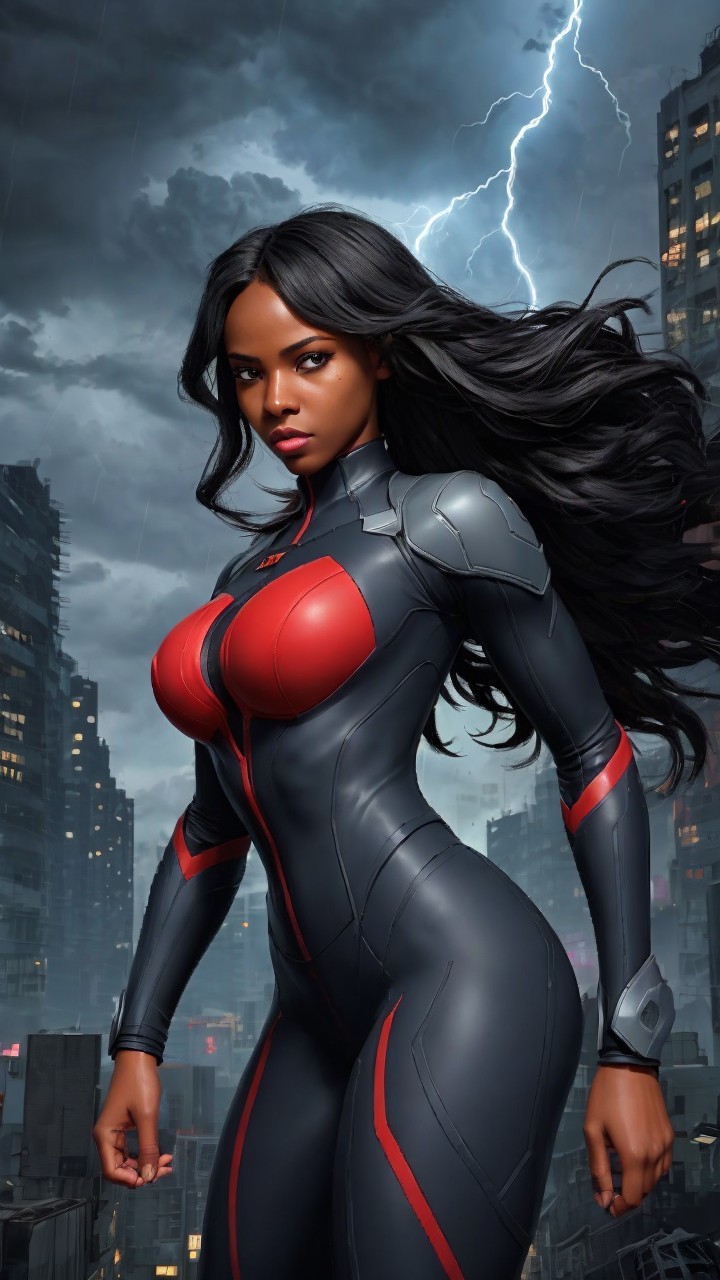 Powerful Female Superhero in Dramatic Cityscape