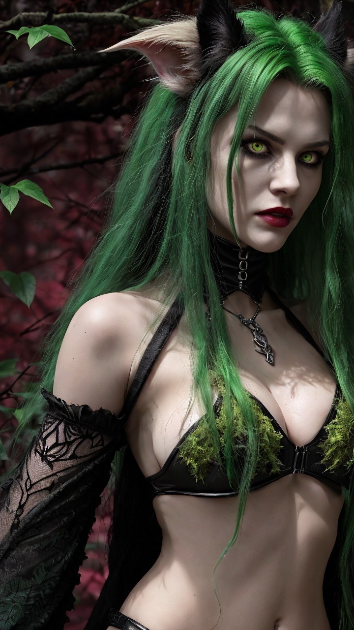 Fantasy Character with Green Hair in Lush Foliage