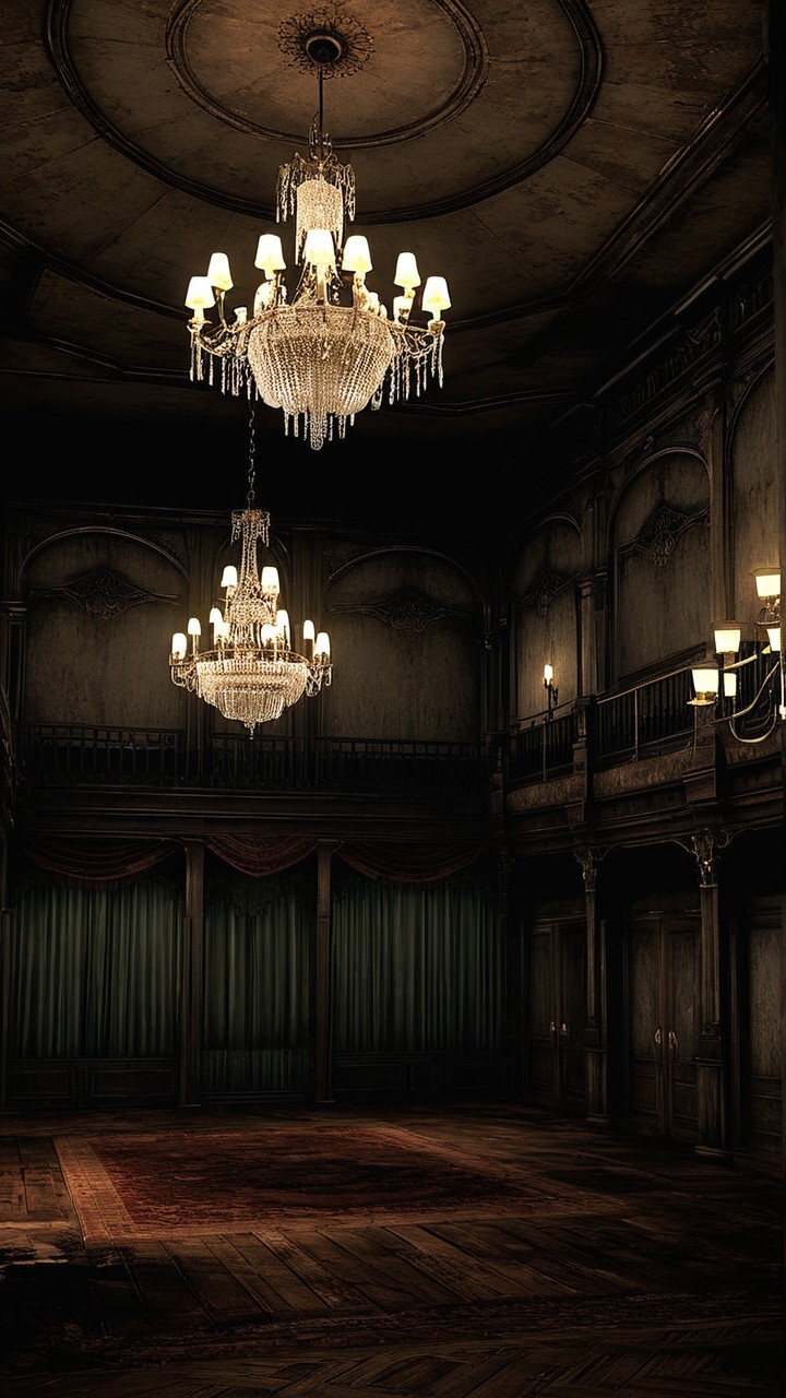 Grand Dimly Lit Room with Opulent Chandeliers