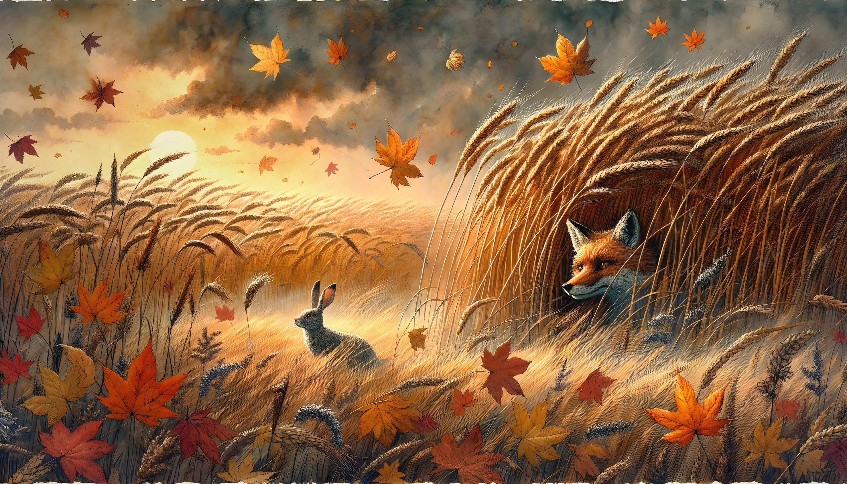 Fox peeking through tall golden grass at rabbit in autumn scene