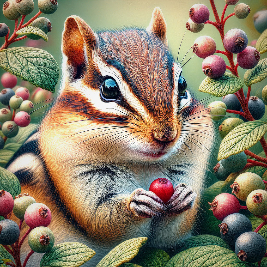 Chipmunk Holding Berry in Lush Greenery Scene