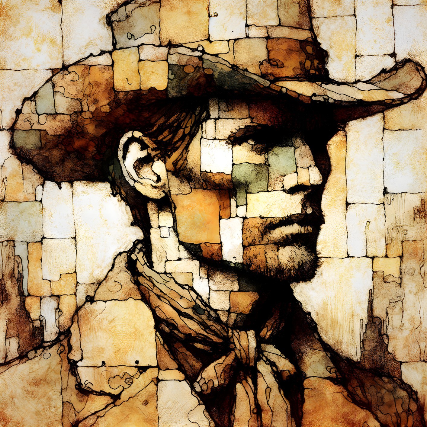 Stylized Cowboy Portrait in Mosaic Pattern