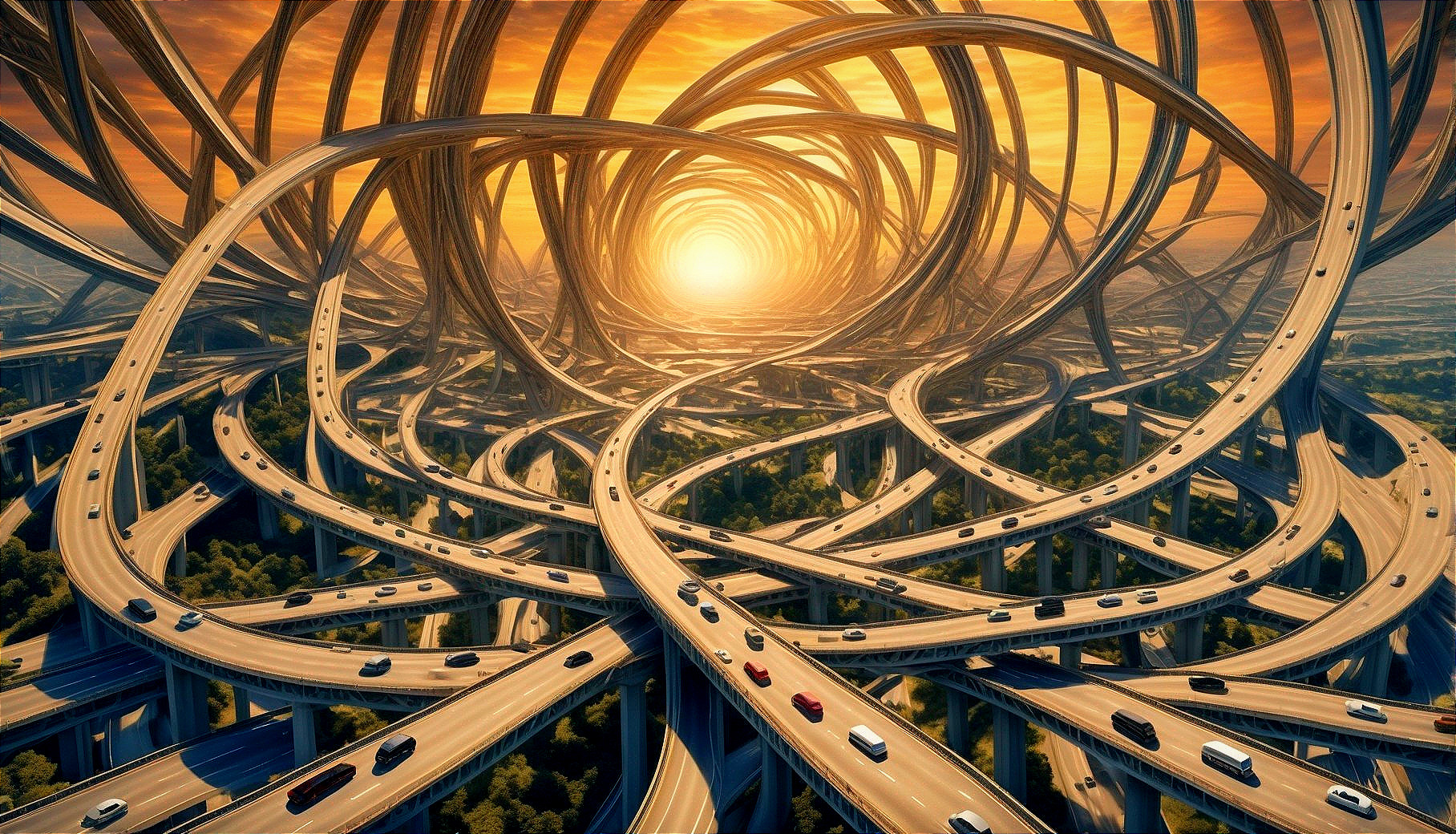 Surreal Landscape with Intricate Highways and Sunset