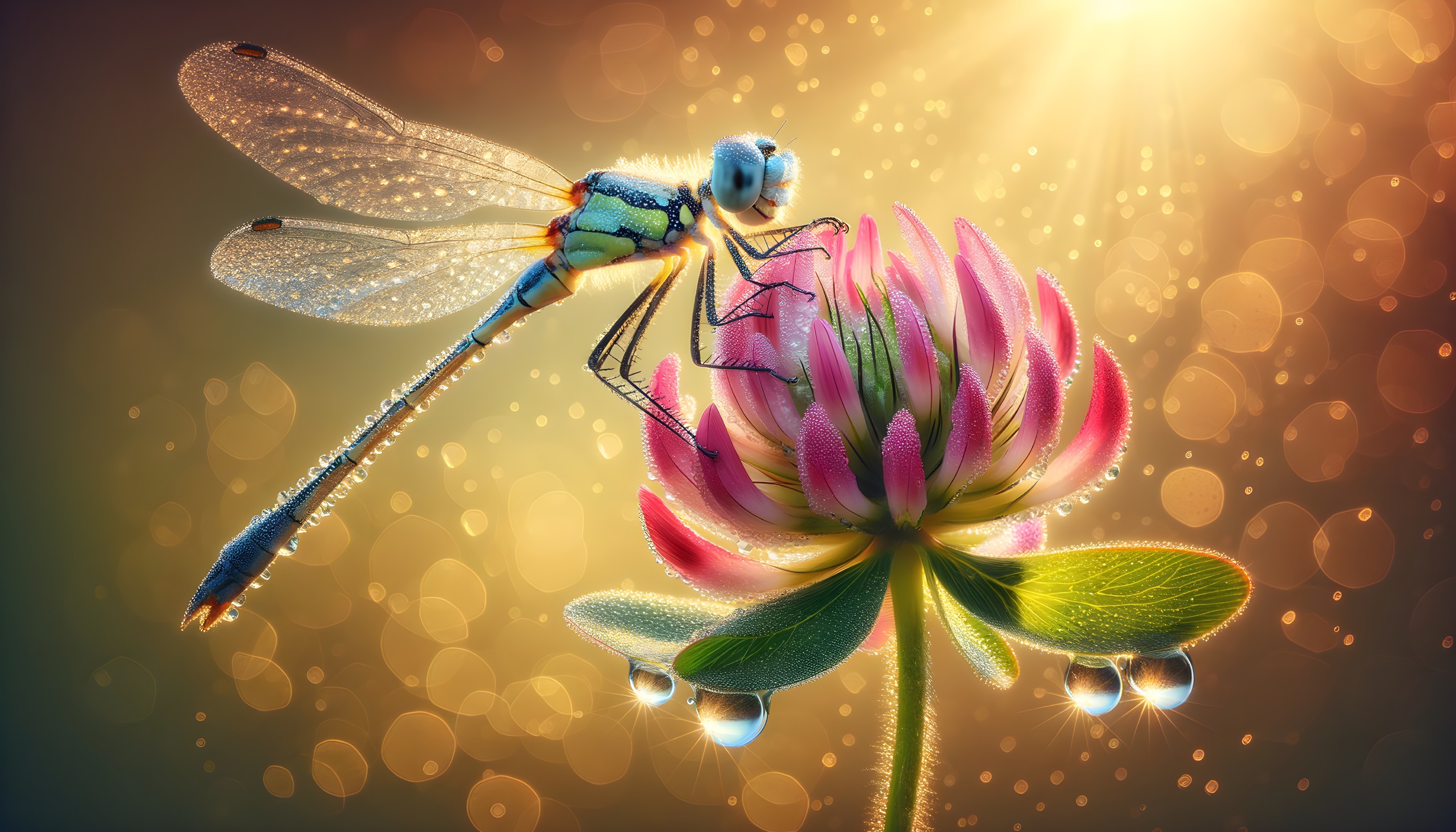 Dragonfly on Pink Clover Flower in Magical Setting