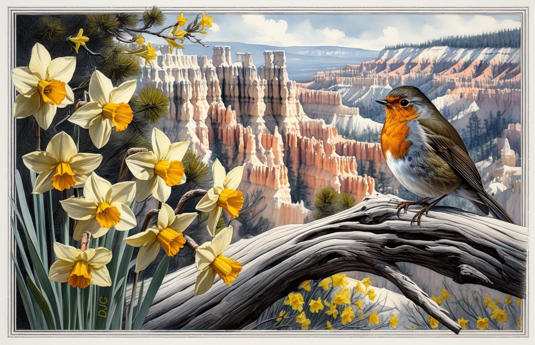 Robin on Twisted Branch with Daffodils and Cliffs