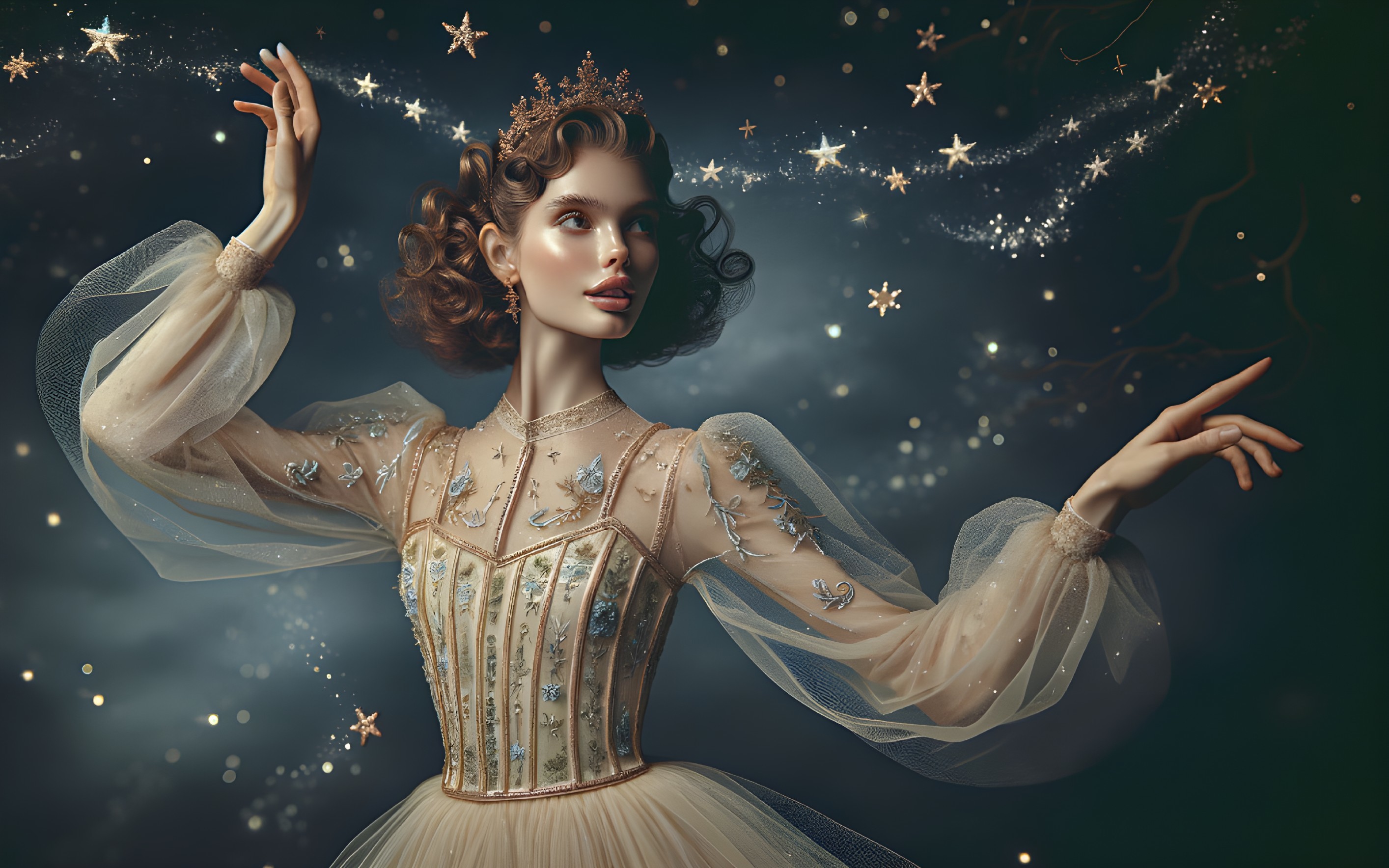 Ethereal figure in embroidered gown with stars and light