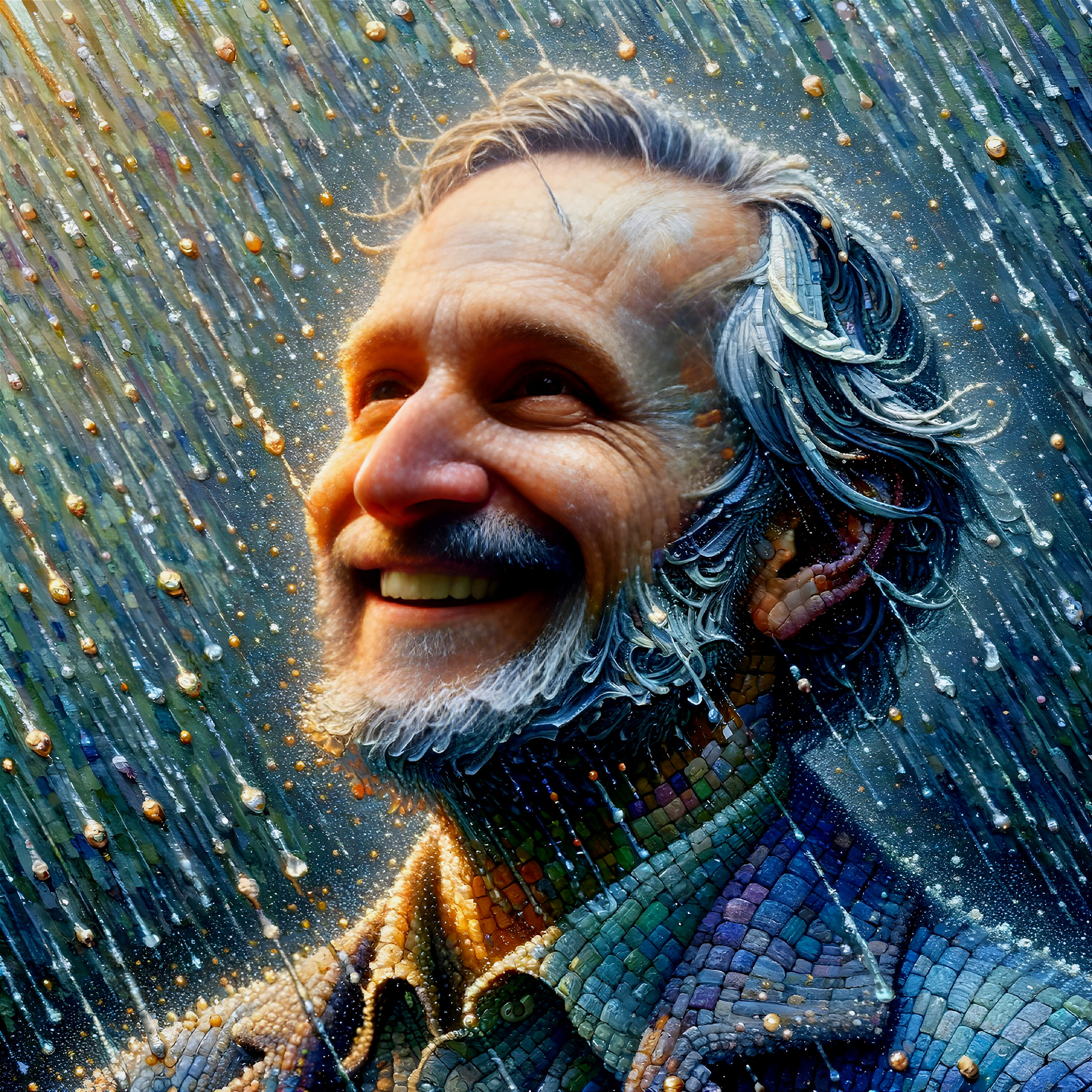 Joyful man with gray beard in colorful raindrops