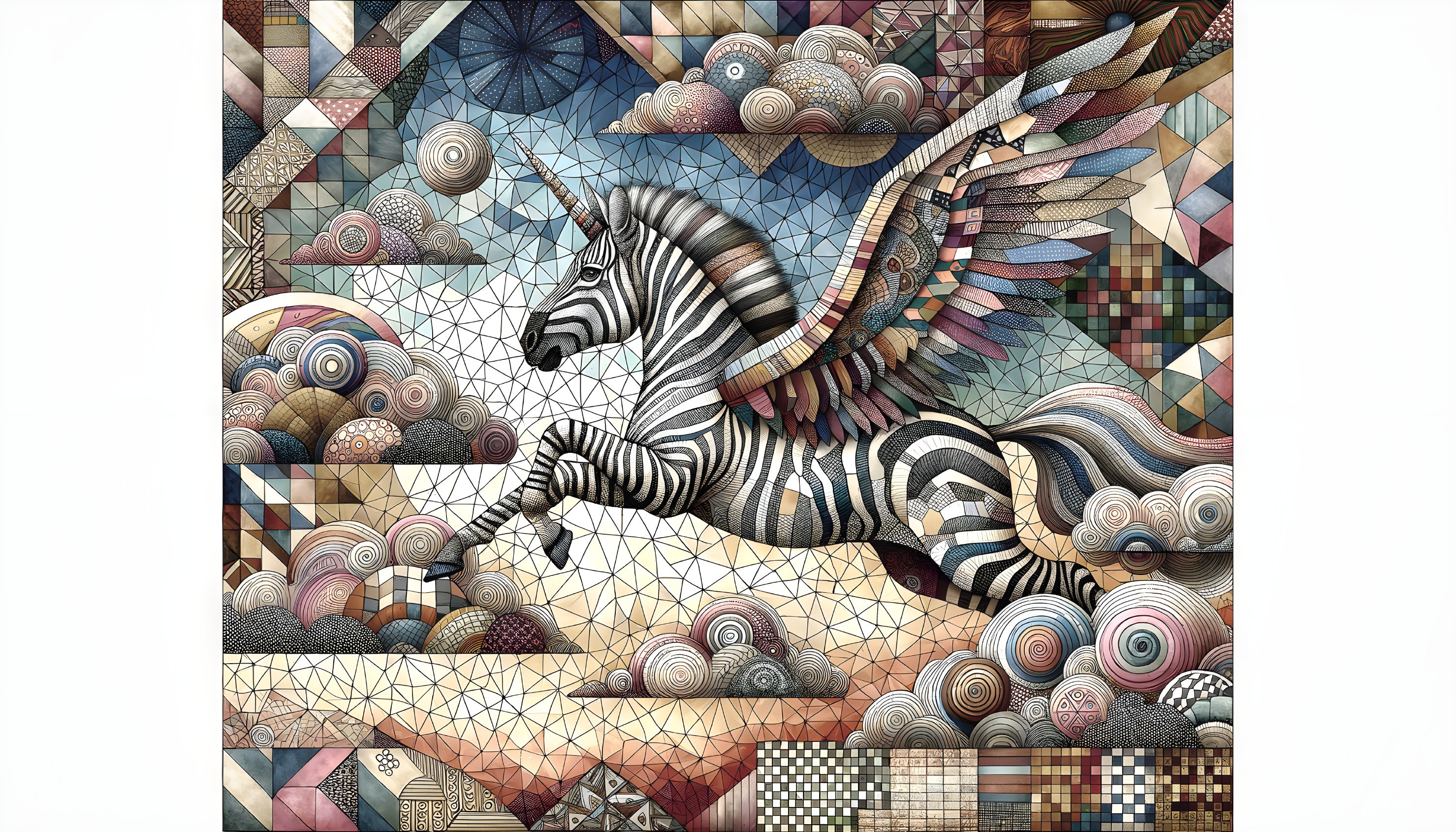 Winged Zebra in a Whimsical Geometric Sky