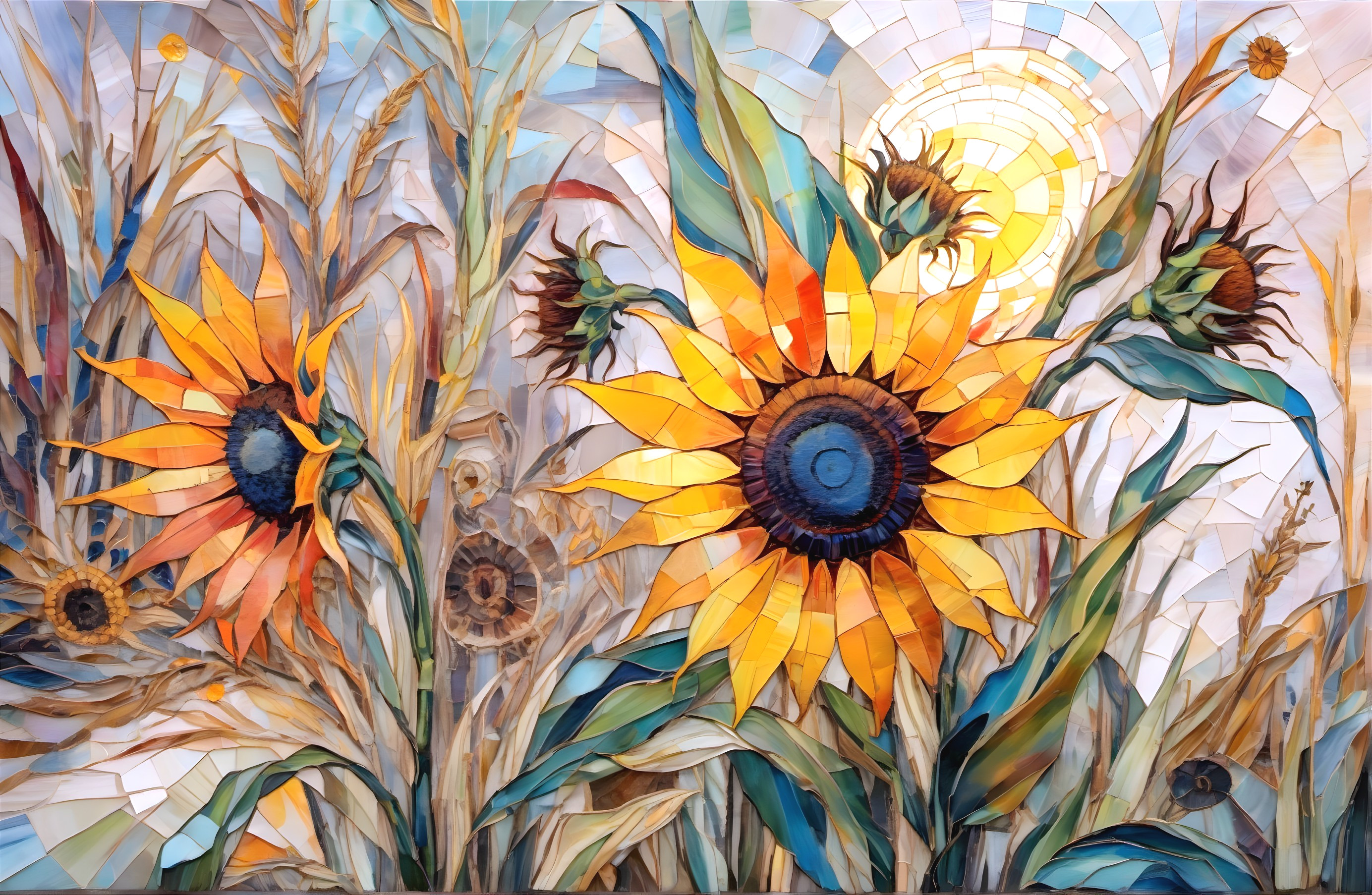 Vibrant Mosaic Artwork of Sunflowers and Nature