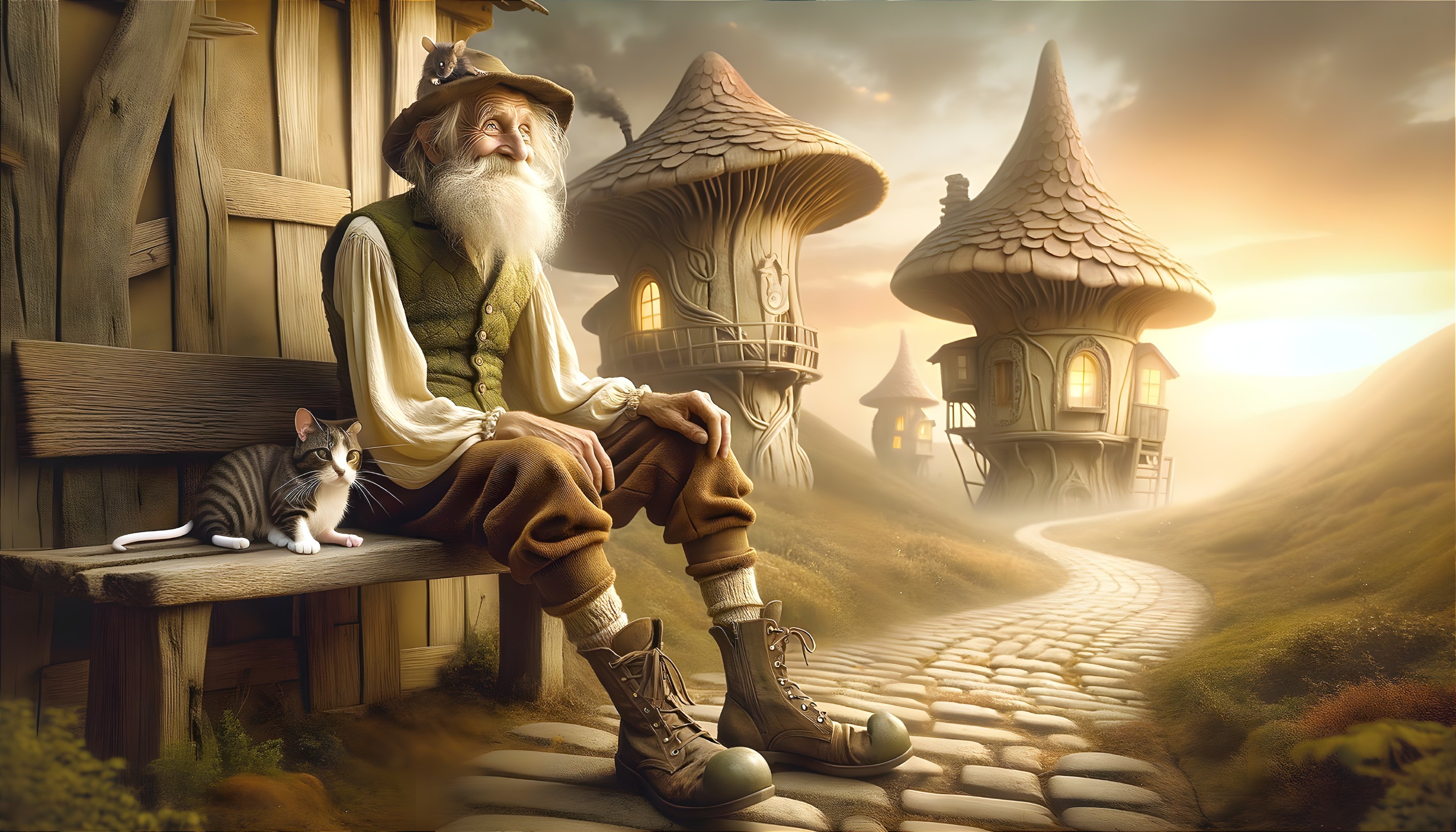 Elderly wizard and cat by mushroom houses at sunset