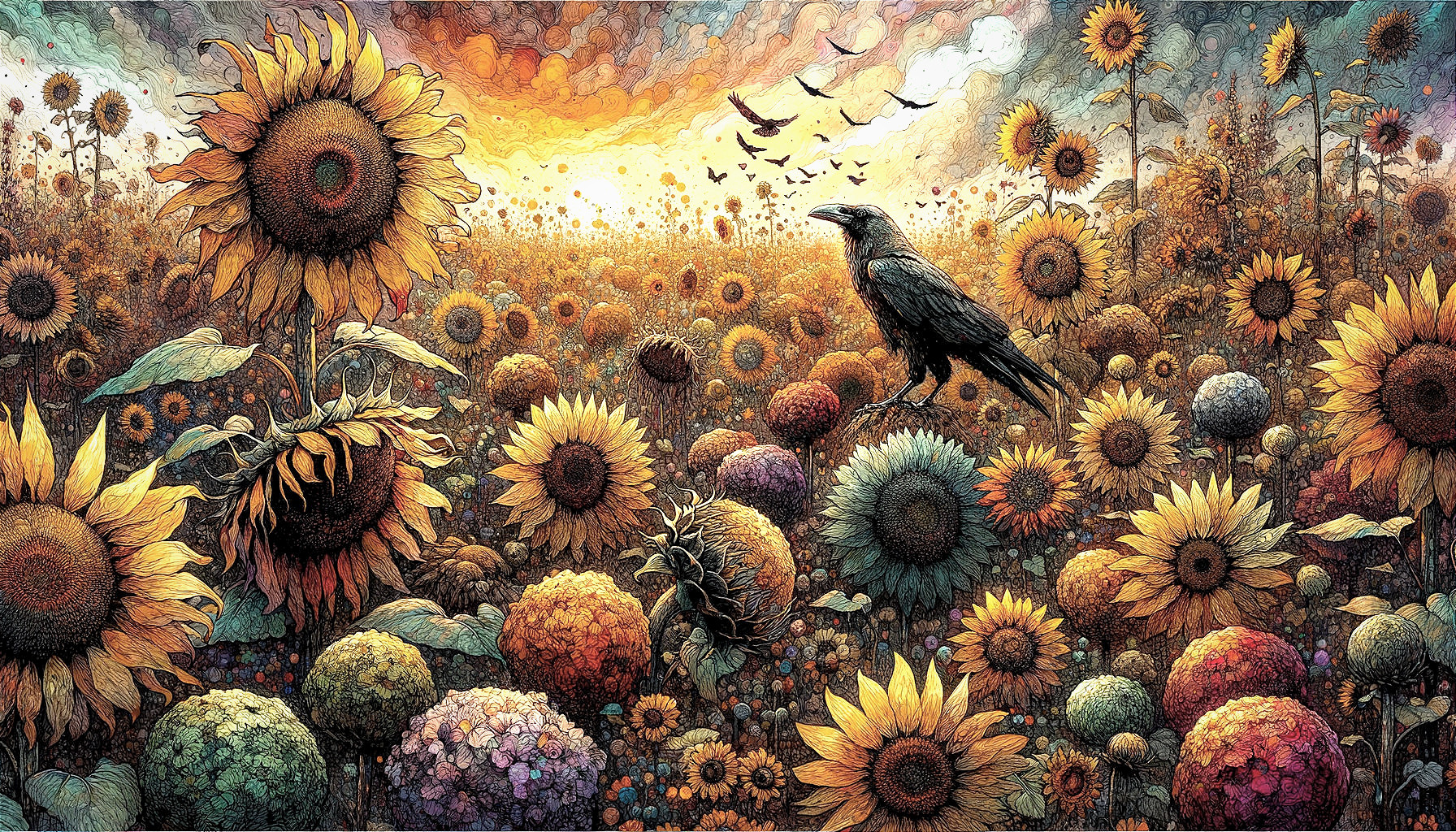 Vibrant Sunflower Field with Colorful Sky and Raven