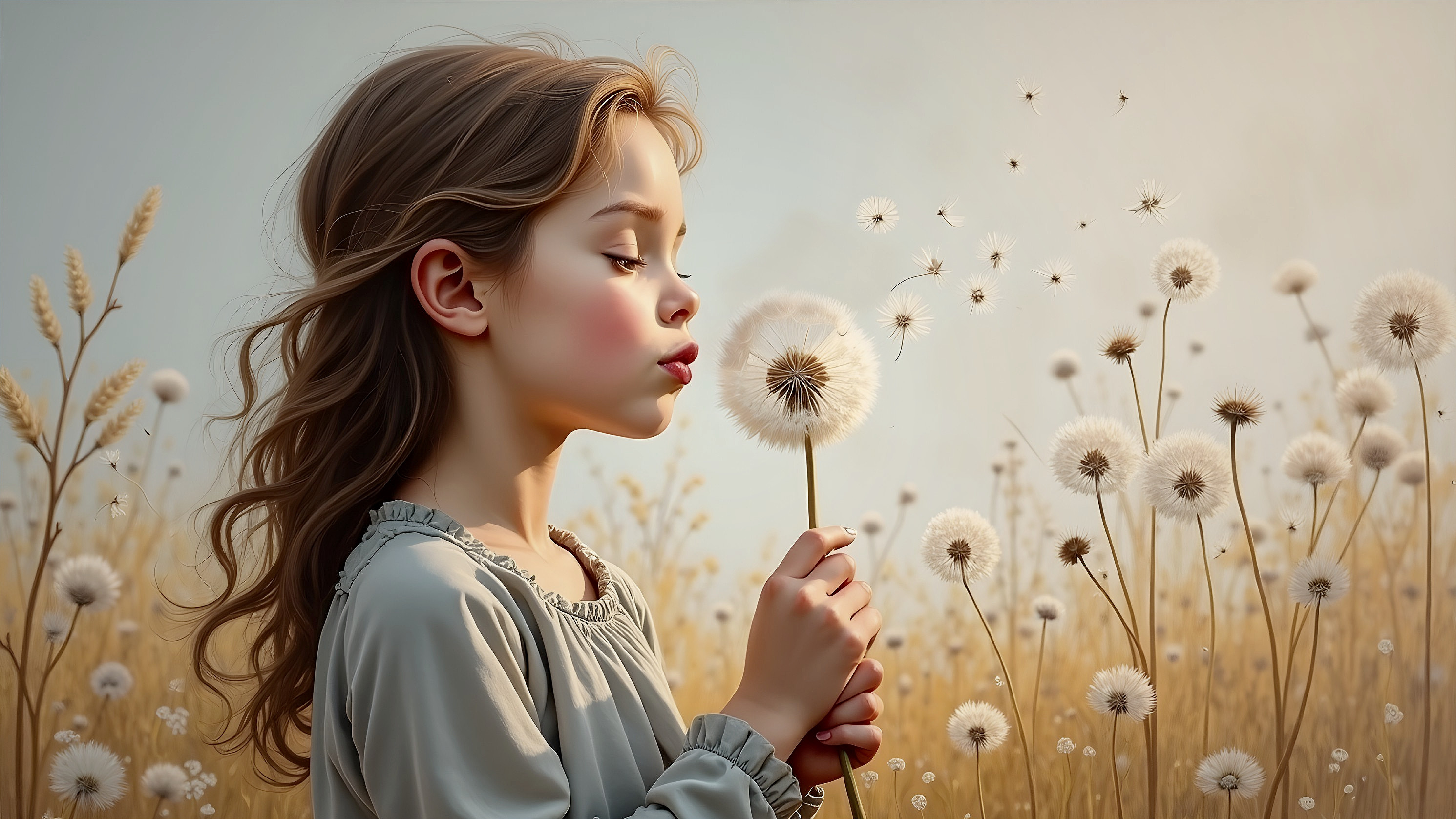 Young girl in golden field with drifting dandelions