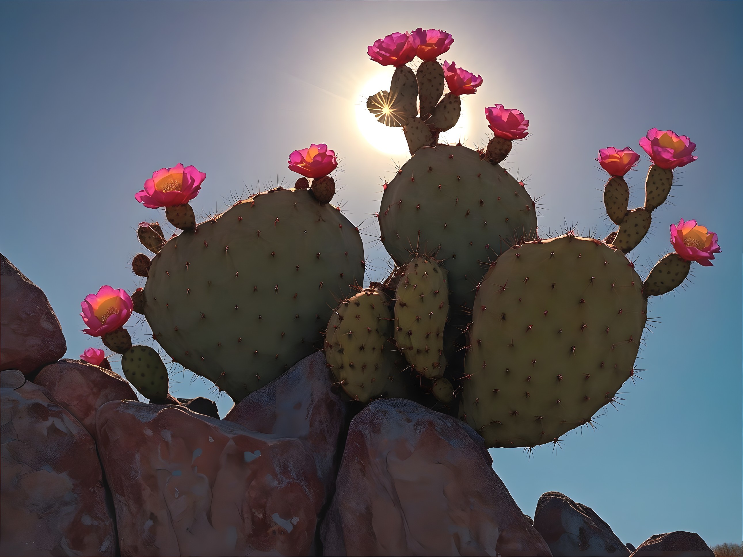 Vibrant Cactus with Pink Flowers Under Clear Sky