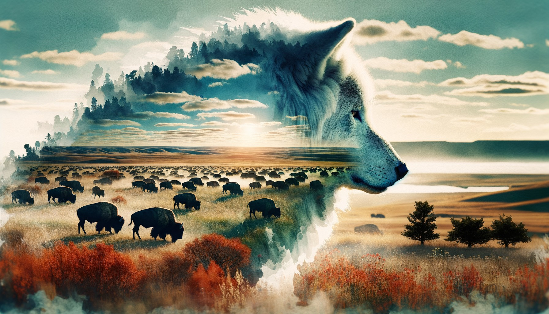 Wolf's profile merges with bison grazing in serene landscape