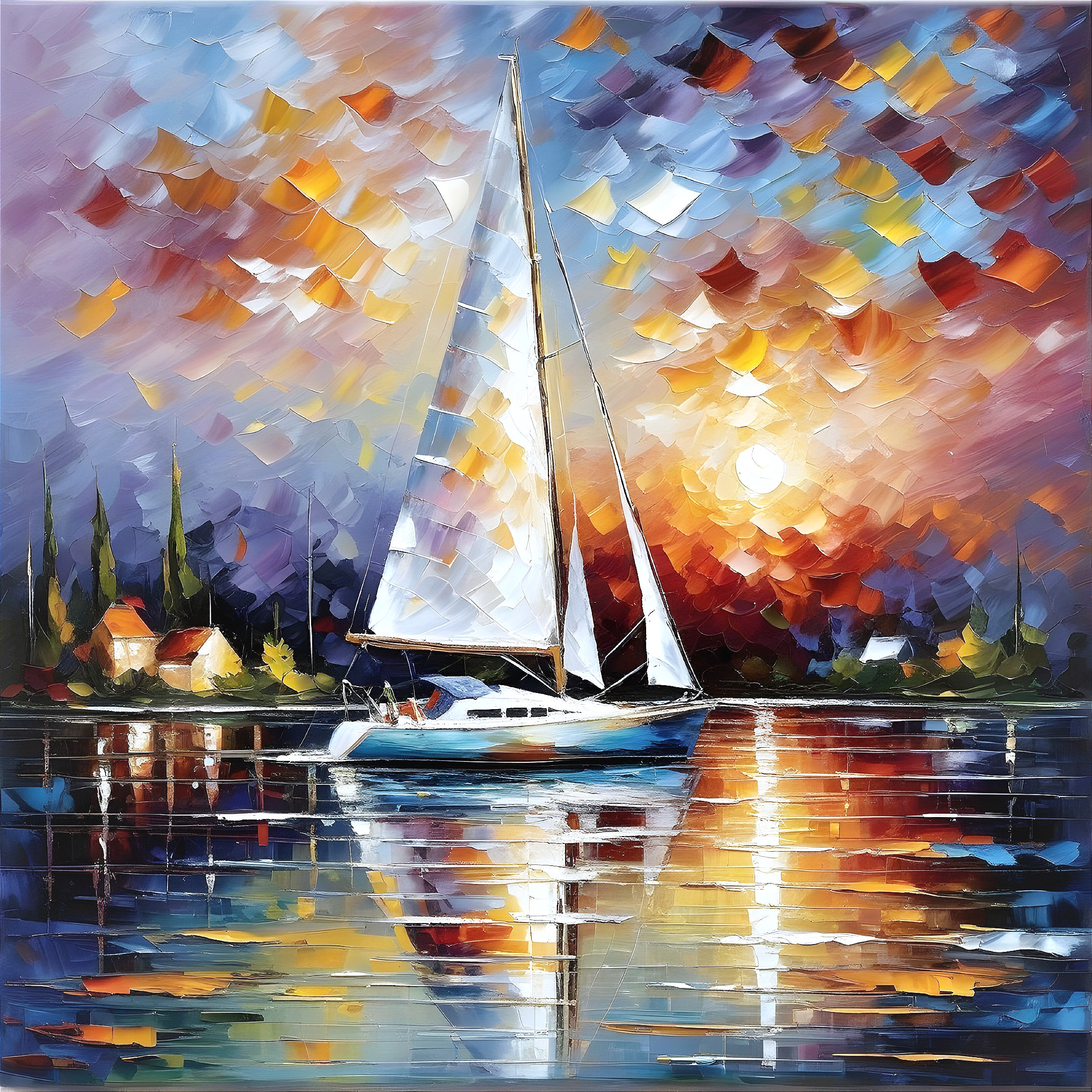 Serene Sunset with Sailboat on Shimmering Lake