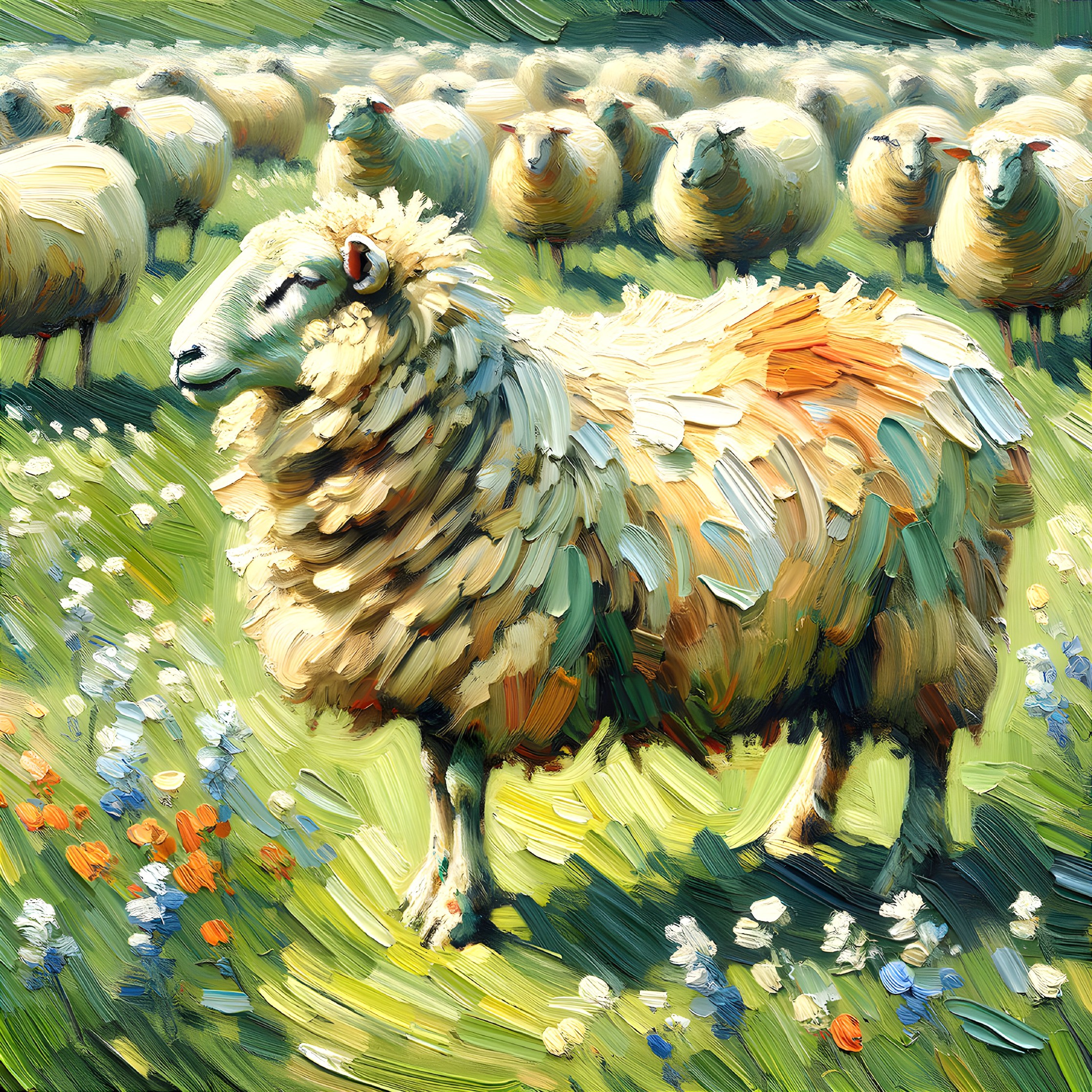 Vibrant Painting of Sheep in a Lush Meadow Scene