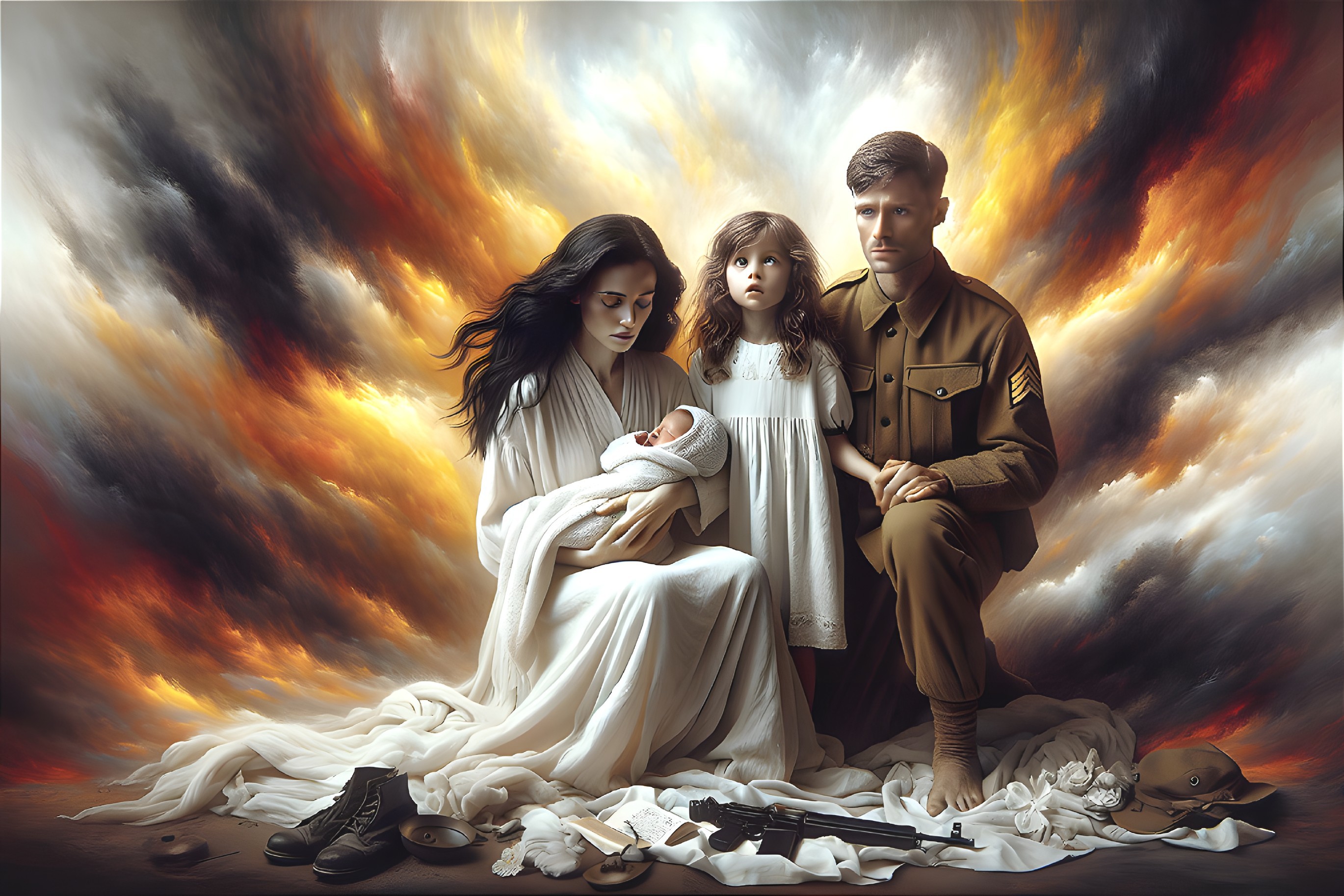 Serene Scene of Soldier, Woman, and Child in Chaos