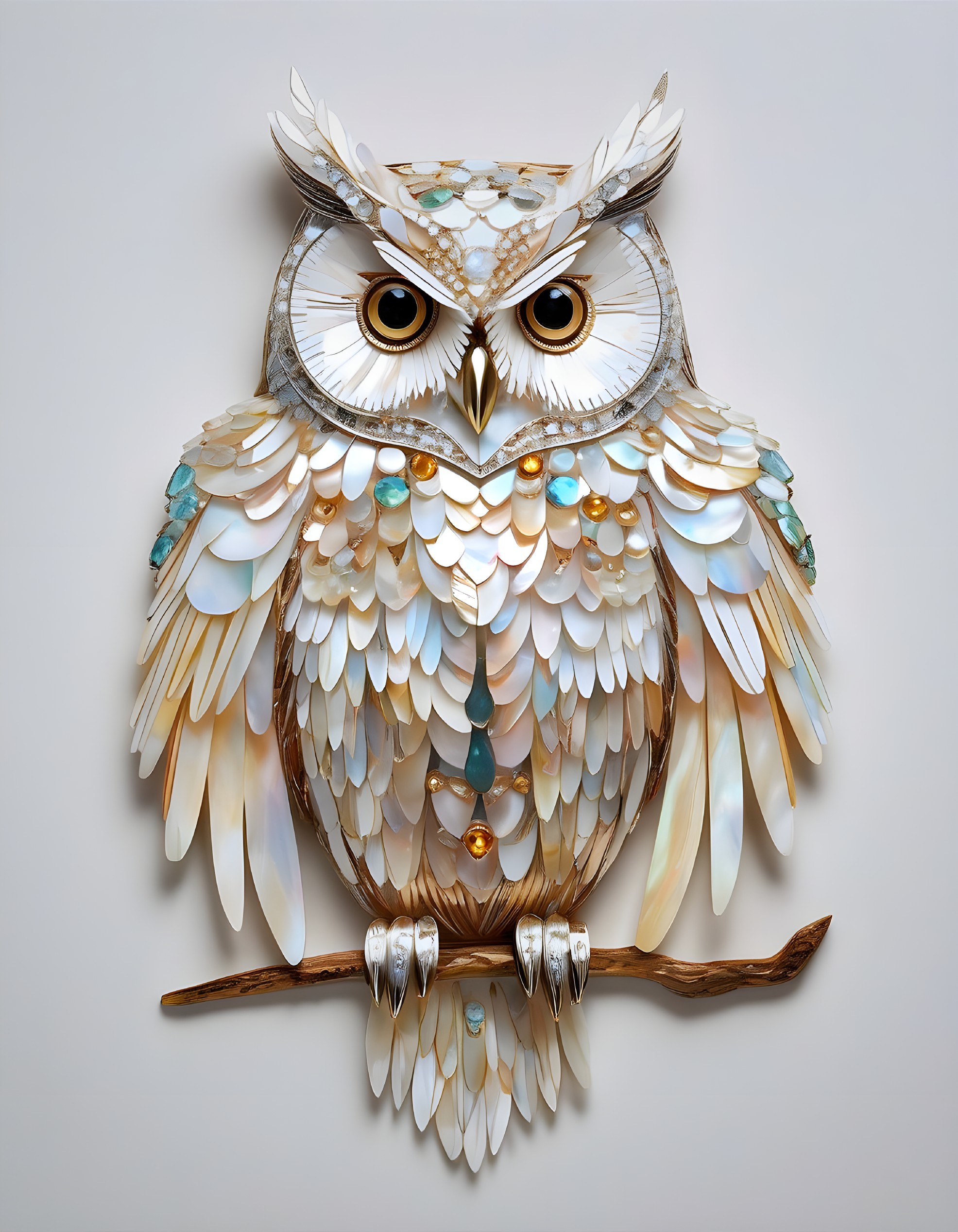 Layered Feathered Owl Paper Art in White, Beige, and Blue on Branch