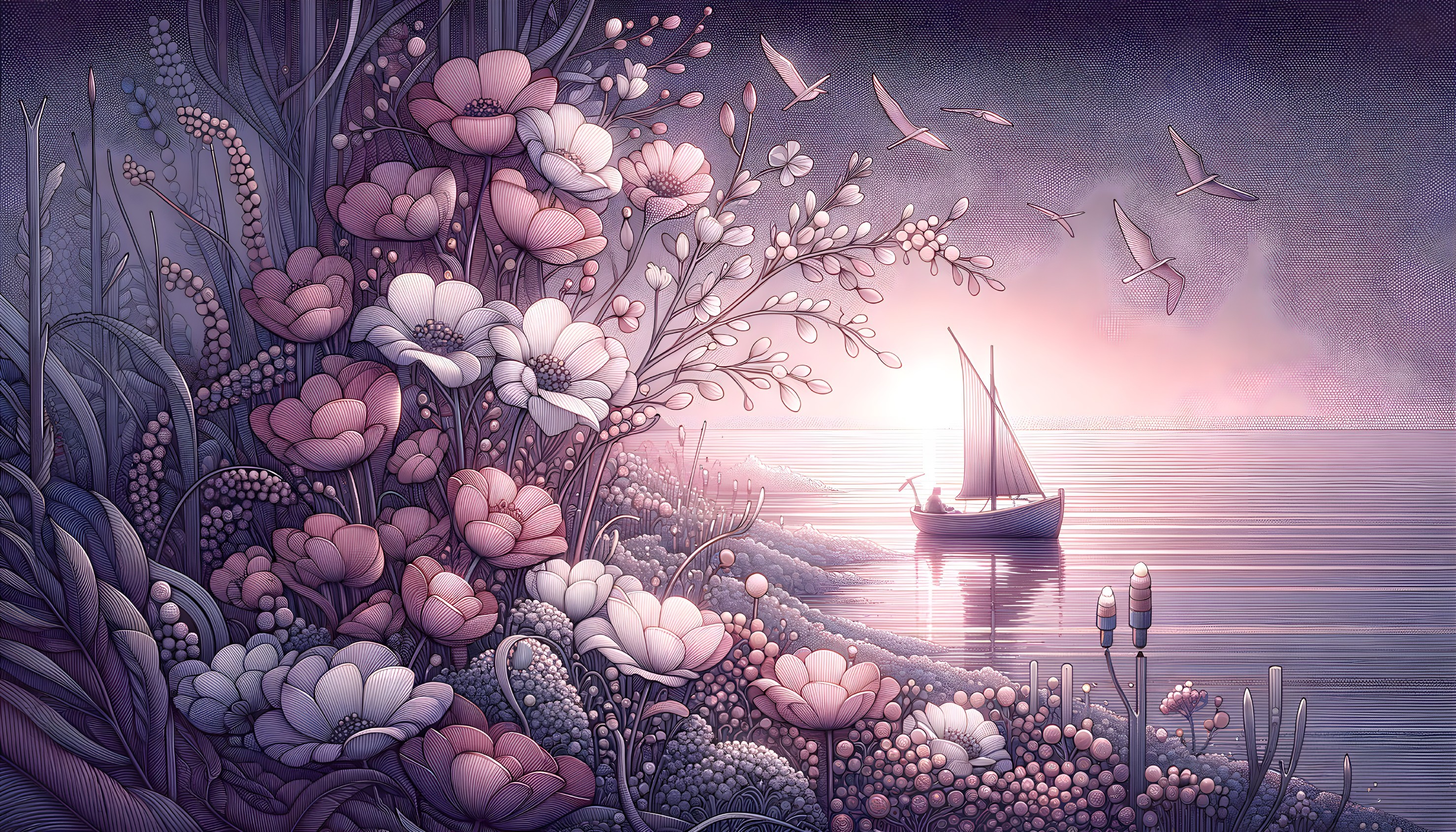 Couple by the Sea at Sunset with Flowers, Boat, and Birds