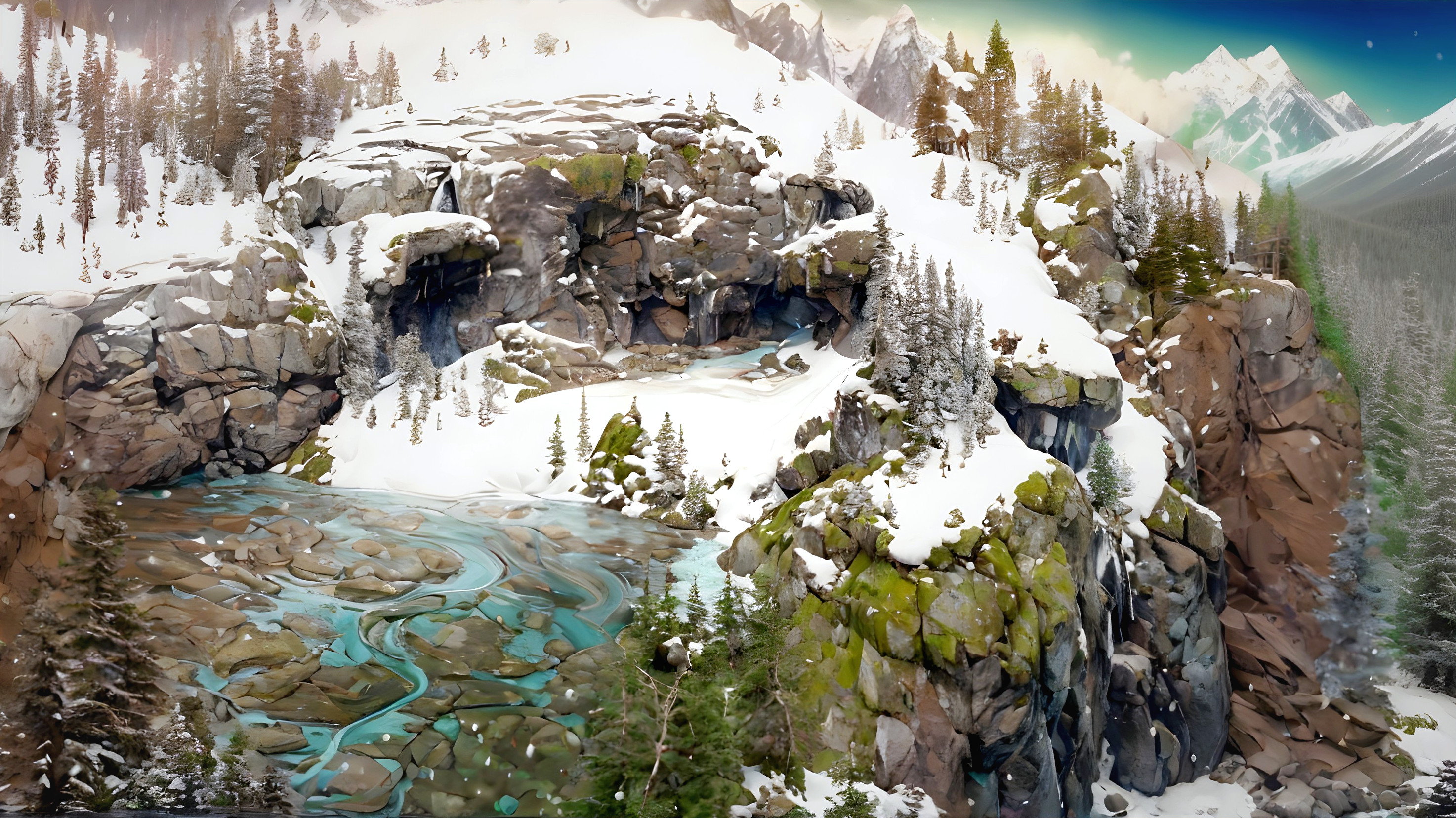 Serene Winter Landscape with Snowy Cliffs and River