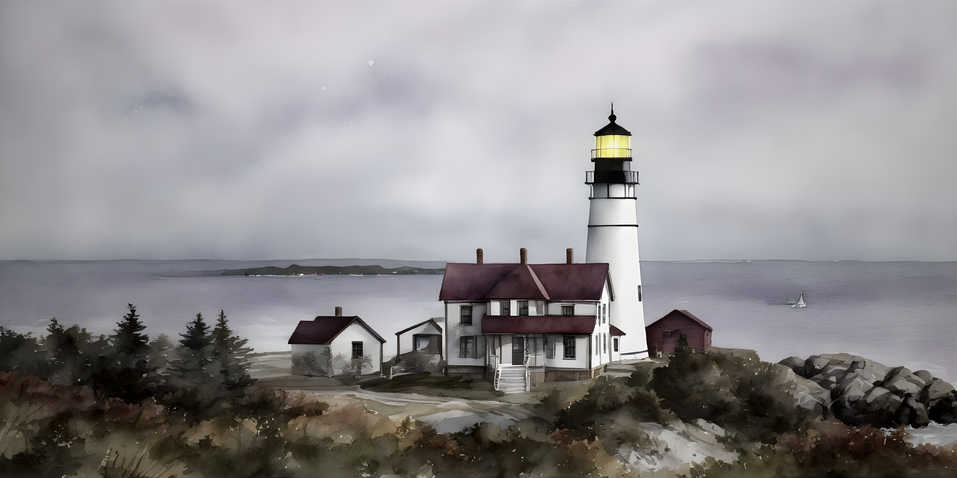 Coastal Lighthouse Scene with Rocky Terrain and Sea