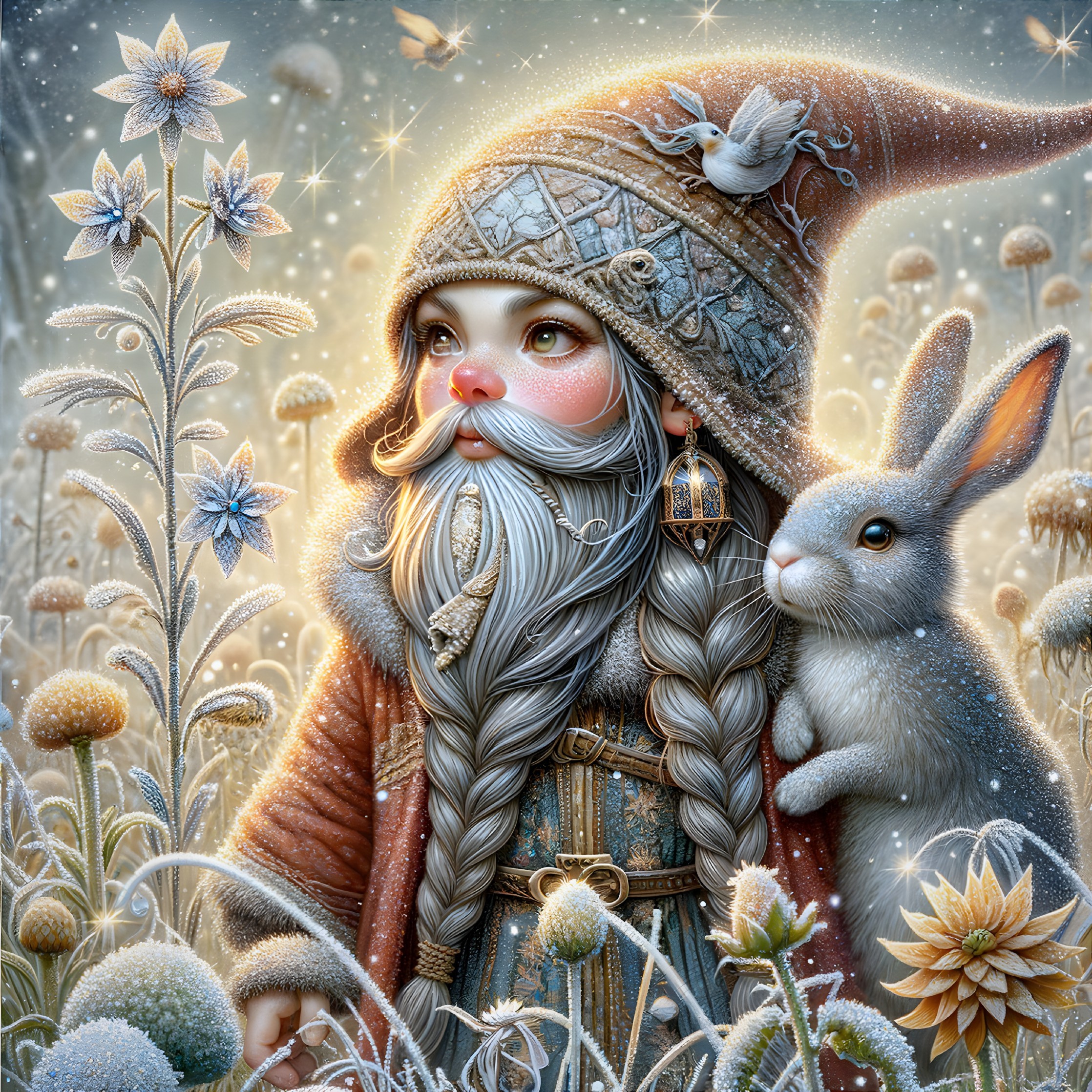 Illustration of young girl with white beard, dwarf hat, lantern, bunny in frosty scene