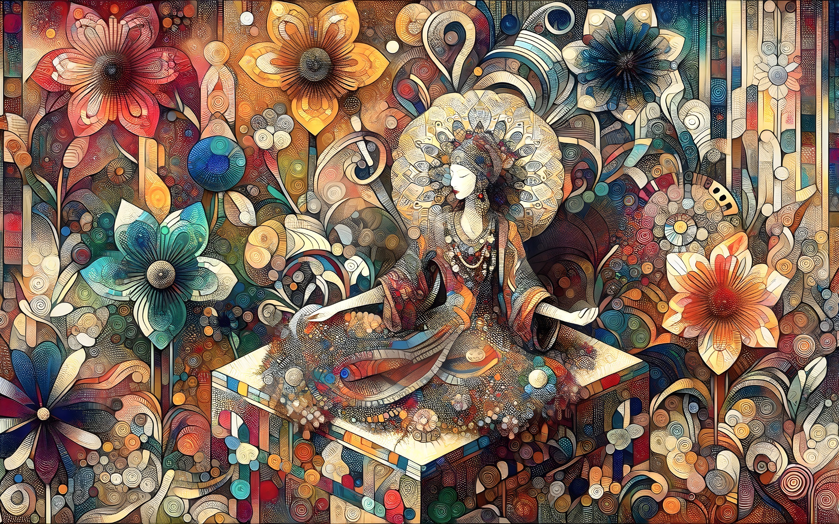 Abstract Artwork with Serene Figure and Colorful Flowers