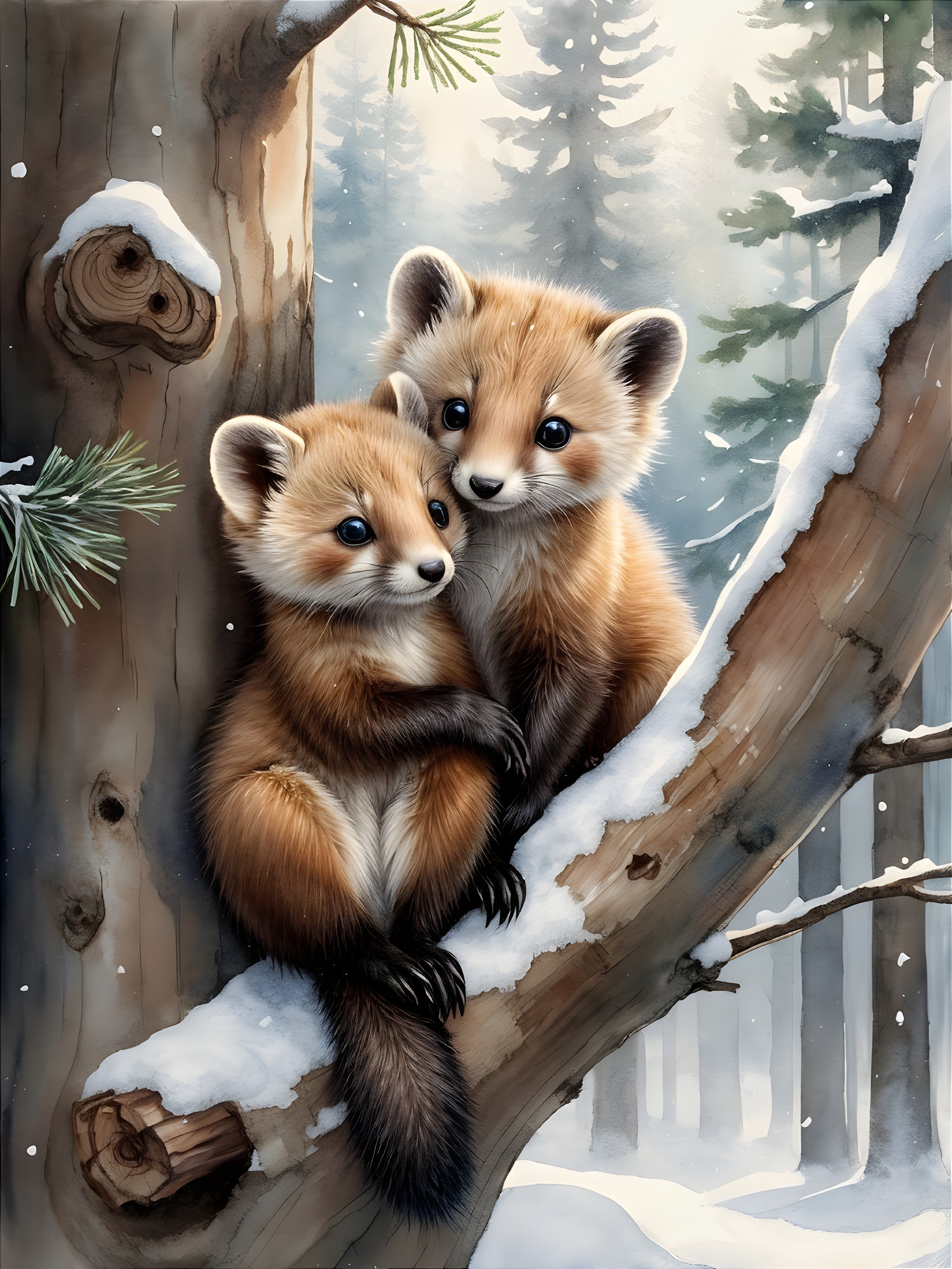 Young foxes on a snow-covered tree branch in winter