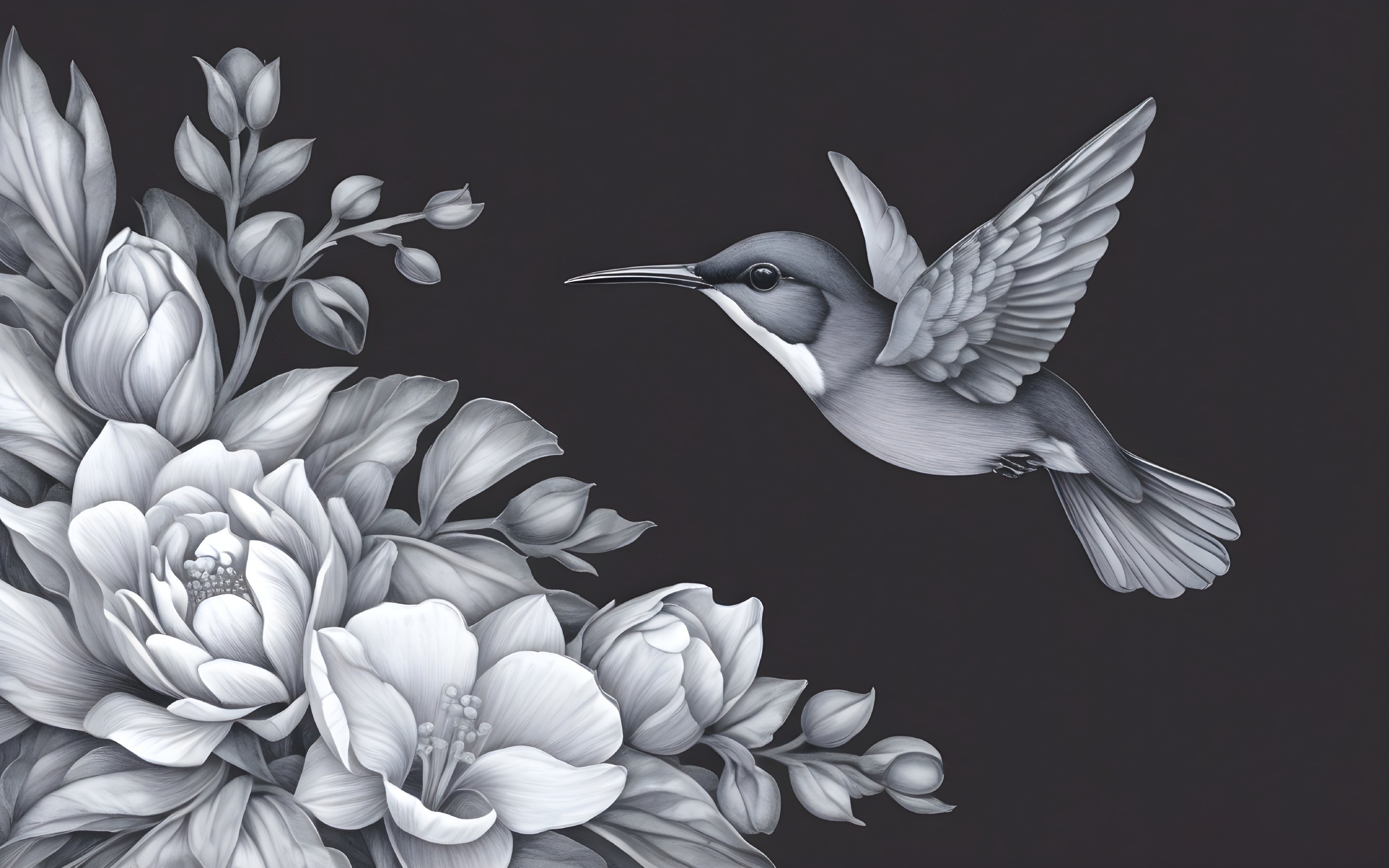Monochromatic Hummingbird Illustration with Flowers