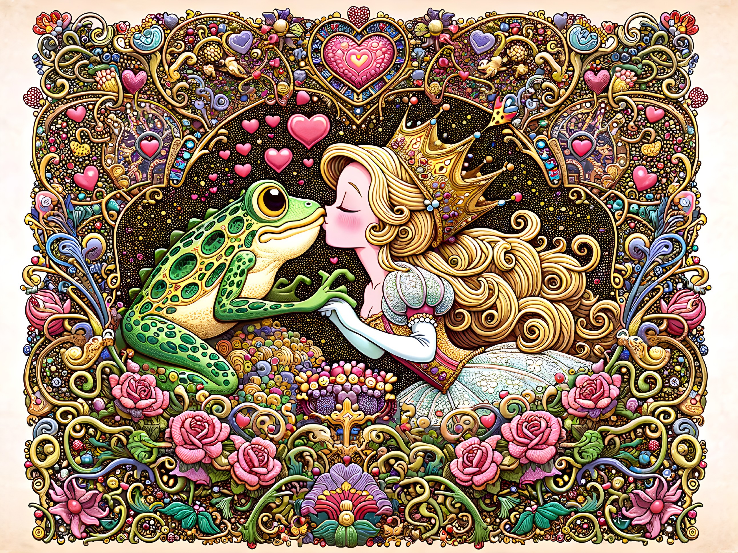 Illustration of a girl kissing a frog in vibrant colors
