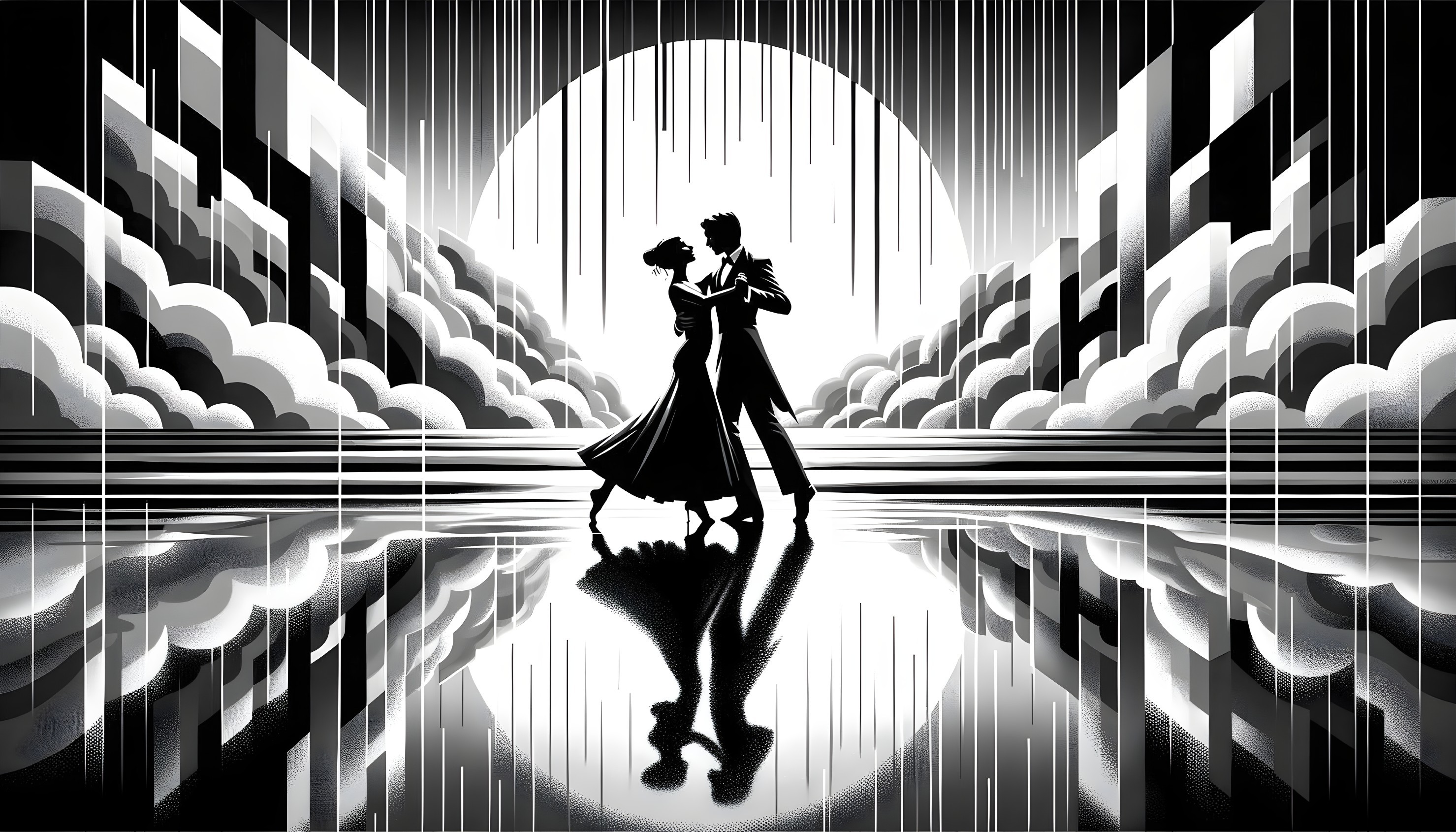 Elegant couple dancing in Art Deco cityscape under round moon