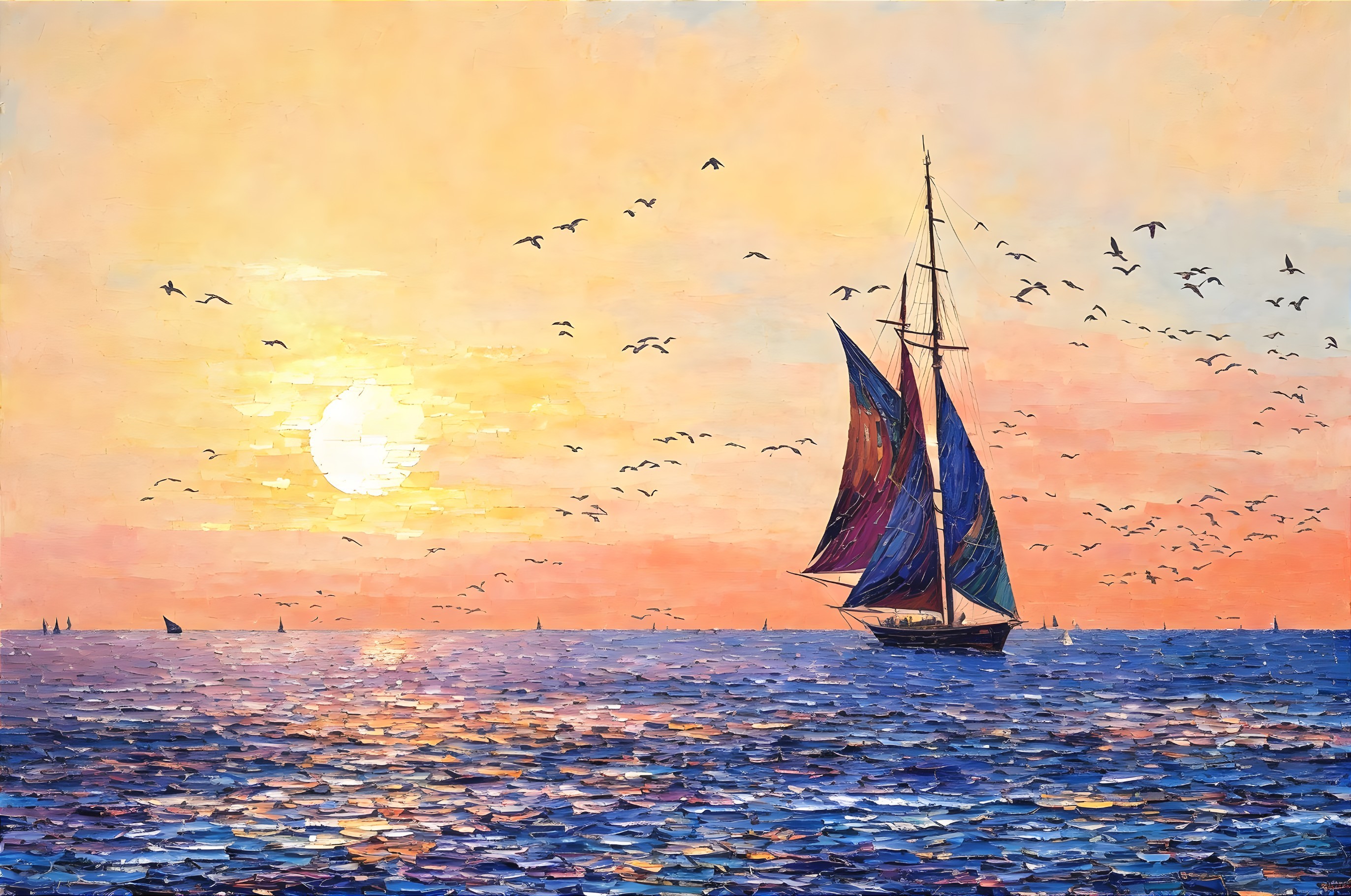 Vibrant Sunset Over Sailboat on Calm Ocean