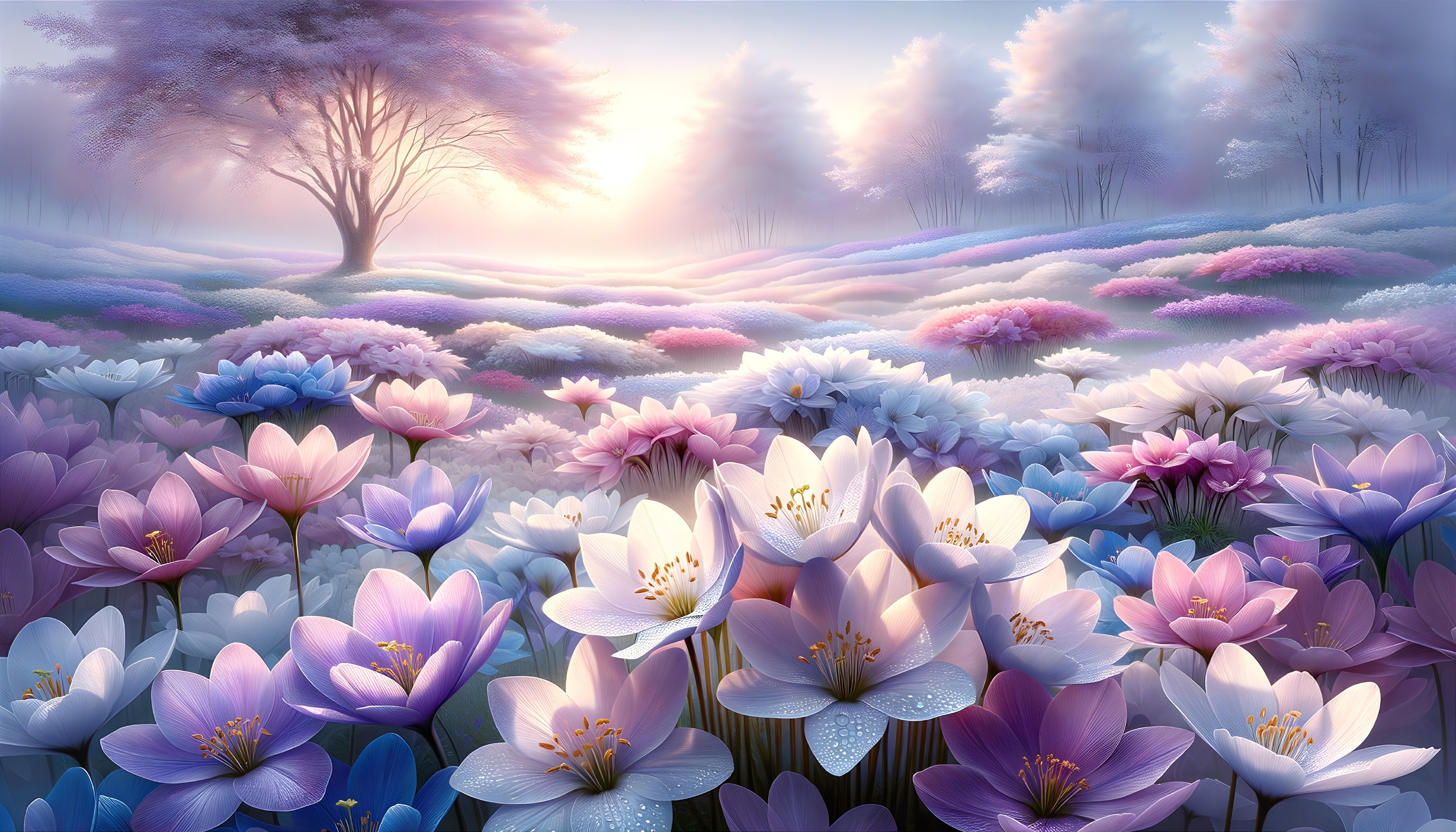 Vibrant Landscape with Blooming Flowers and Sunrise