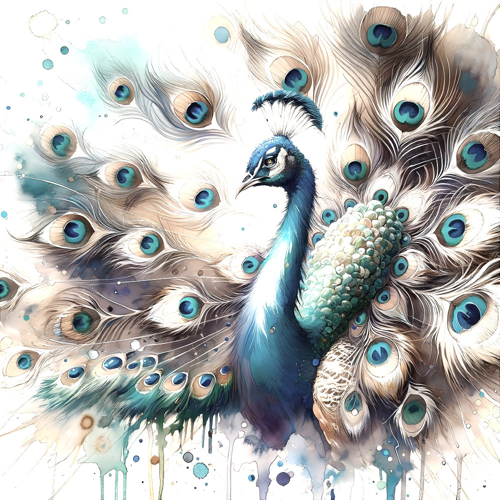 Vibrant Peacock with Iridescent Feathers and Watercolors