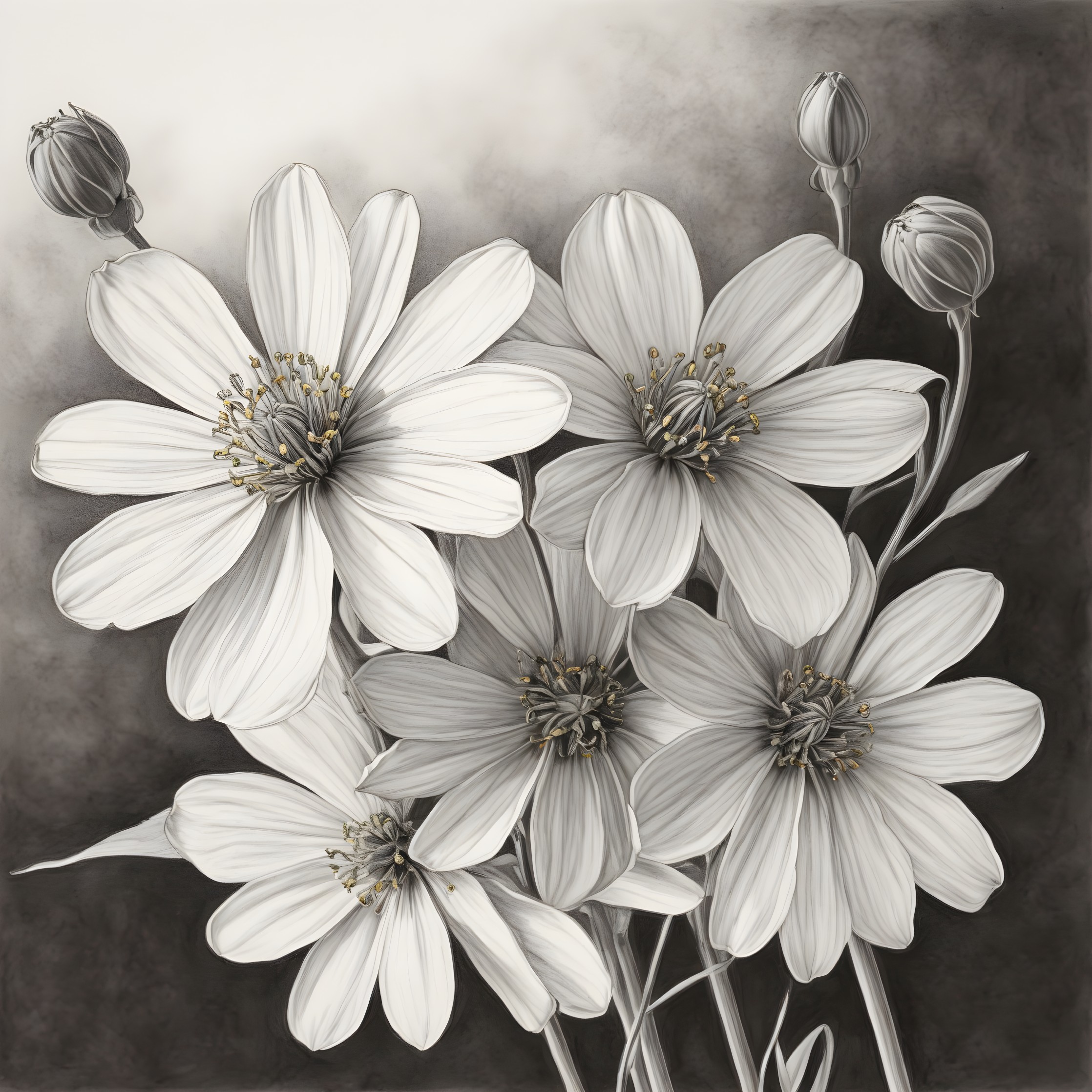 Monochromatic Illustration of Detailed White Flowers