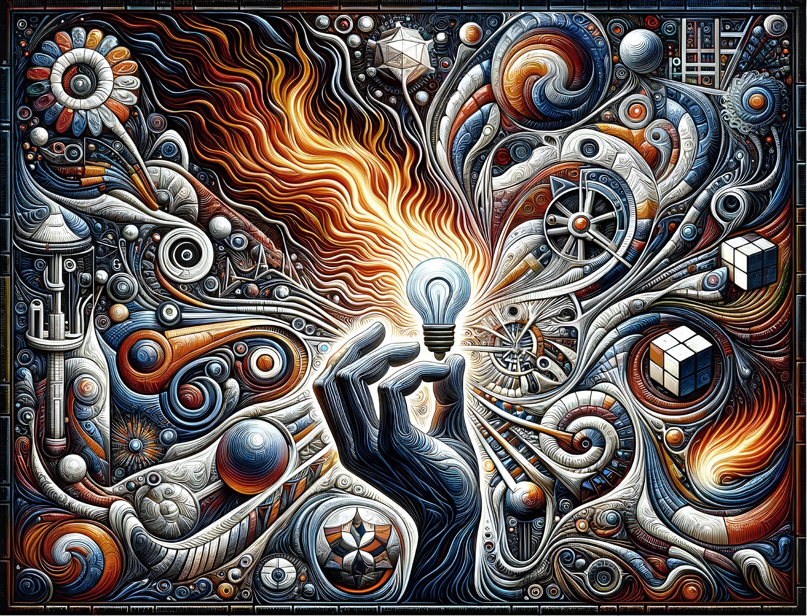 Abstract Artwork of Hand Holding Lightbulb with Patterns