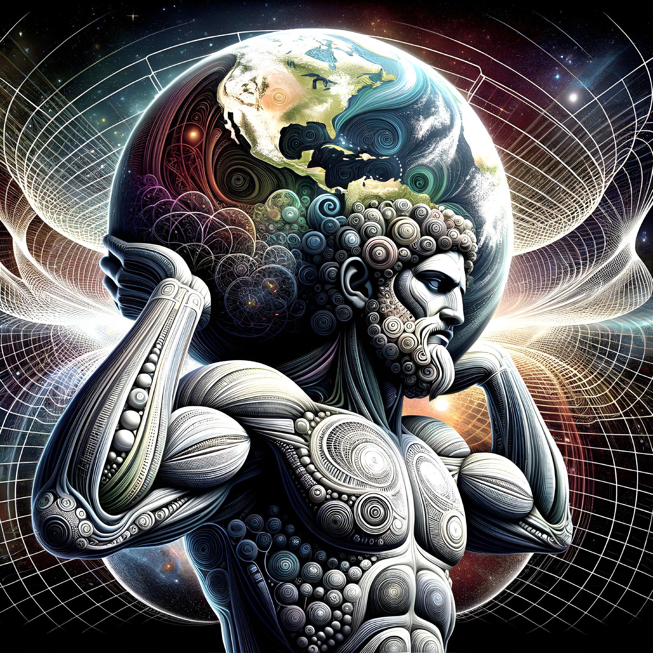 Cosmic illustration of classical statue with earth and geometric patterns