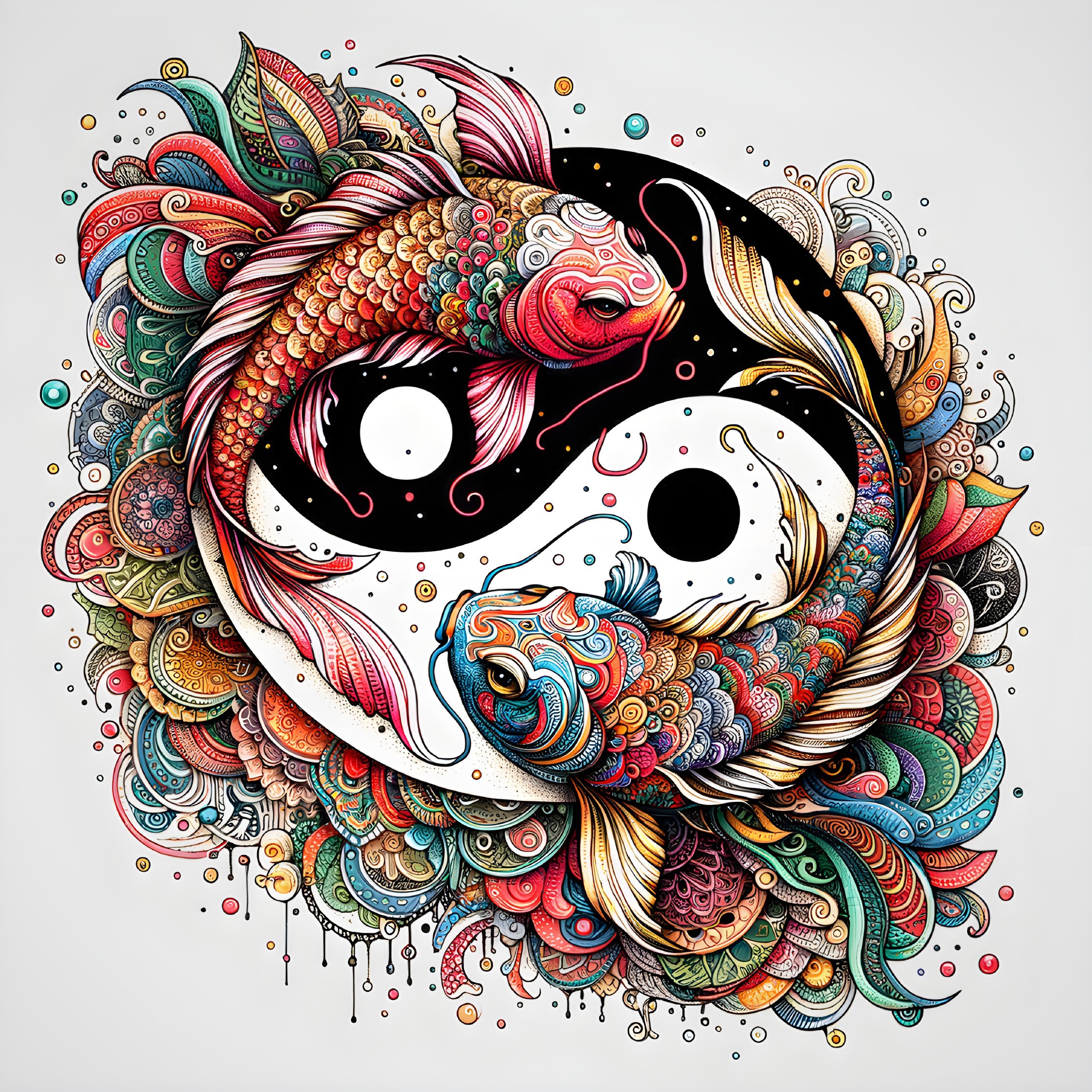 Colorful Yin-Yang Symbol with Koi Fish Designs and Asian Motifs
