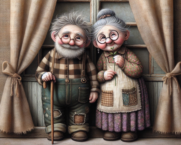 Whimsical Cartoon Illustration of an Elderly Couple