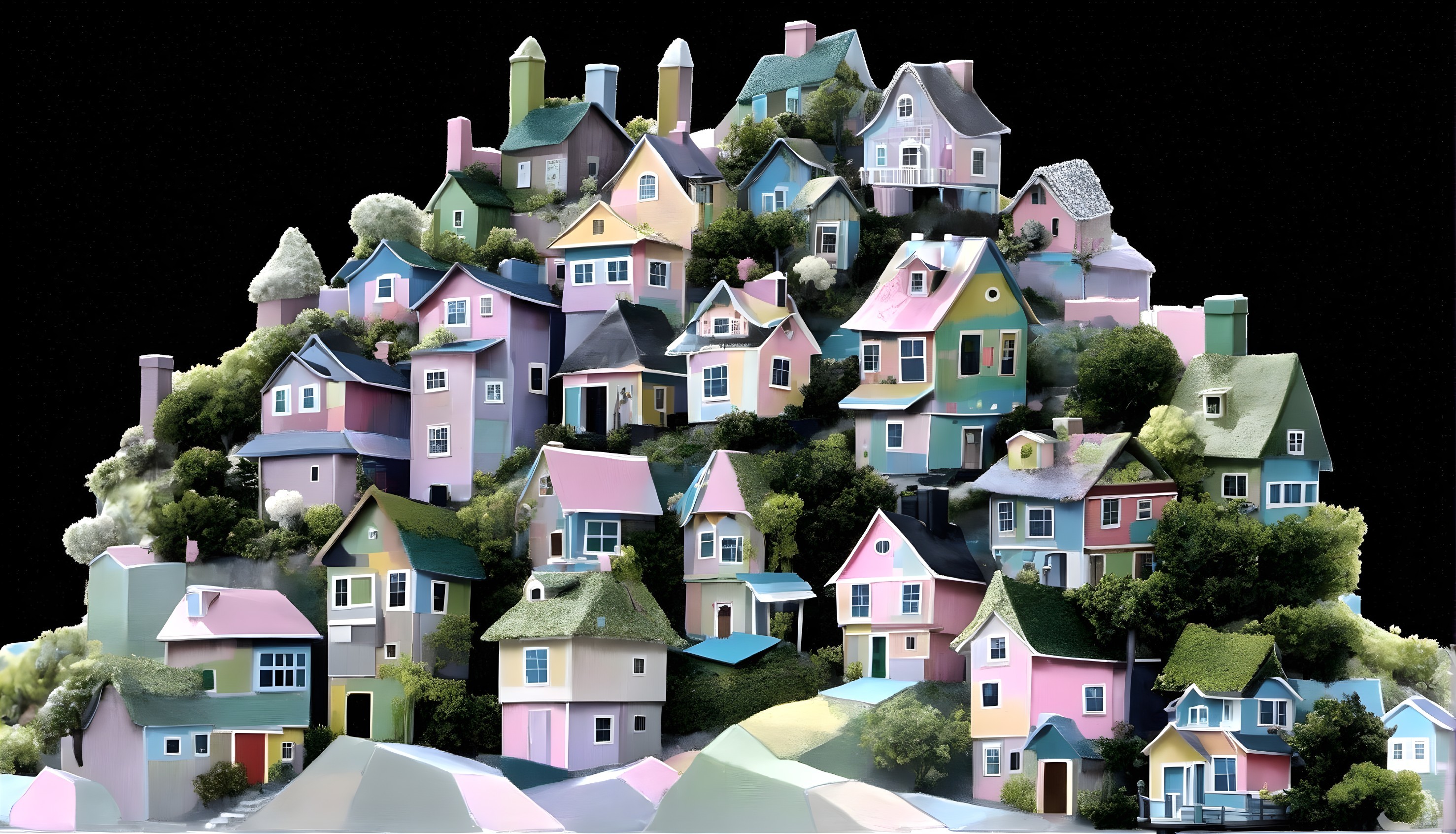 Whimsical hillside village with colorful houses