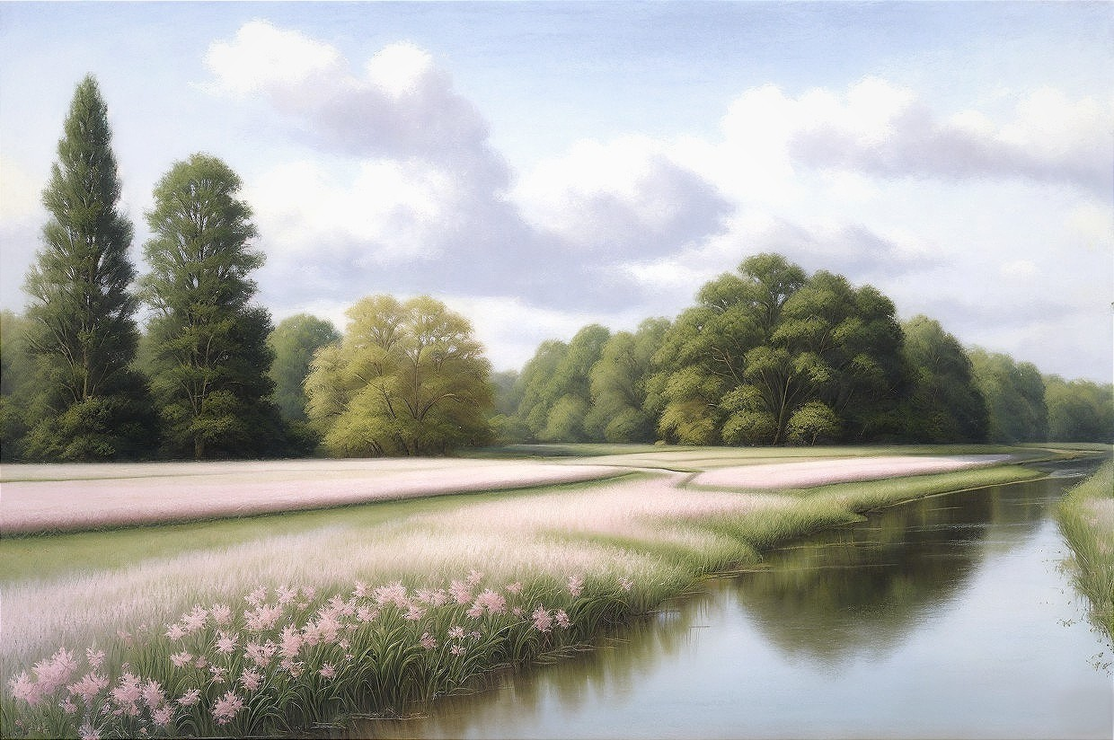 Tranquil landscape with meandering river and blooming pink flowers
