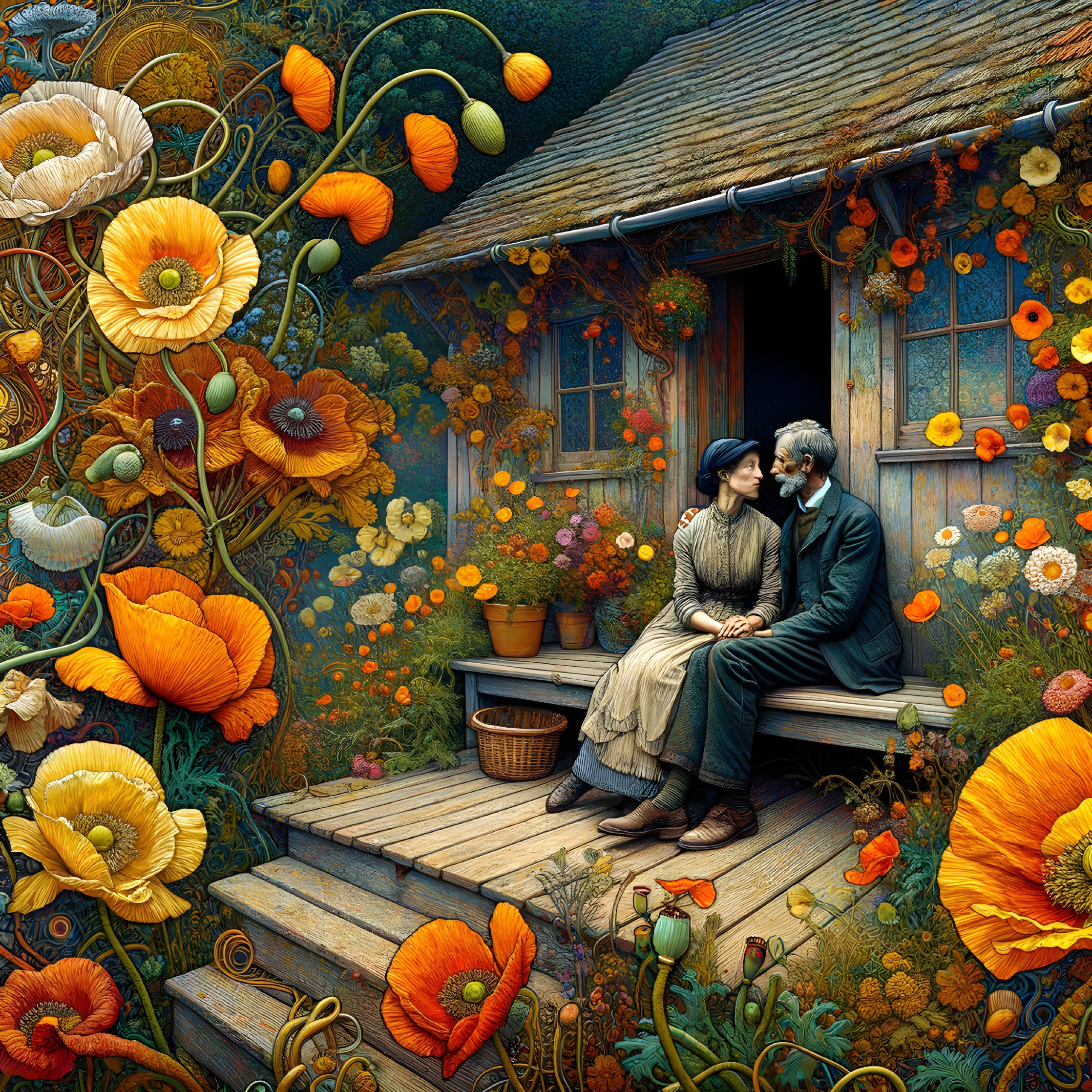 Couple on Steps of Quaint Cottage Surrounded by Flowers